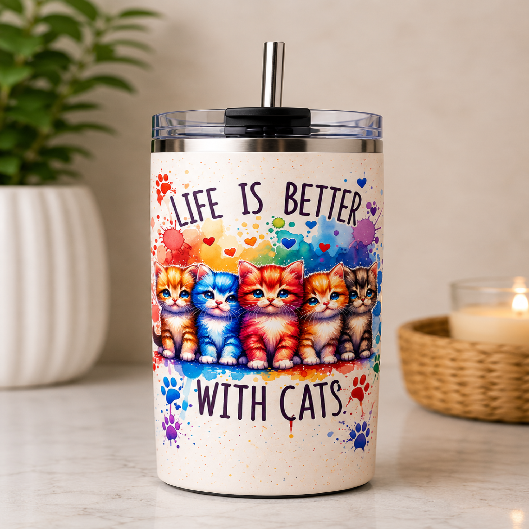 A tall insulated tumbler with a clear lid and metal straw, featuring a colorful watercolor design of five kittens and the text 'LIFE IS BETTER WITH CATS' on a cream background. The tumbler is photographed on a countertop with a blurred plant and candle in the background.