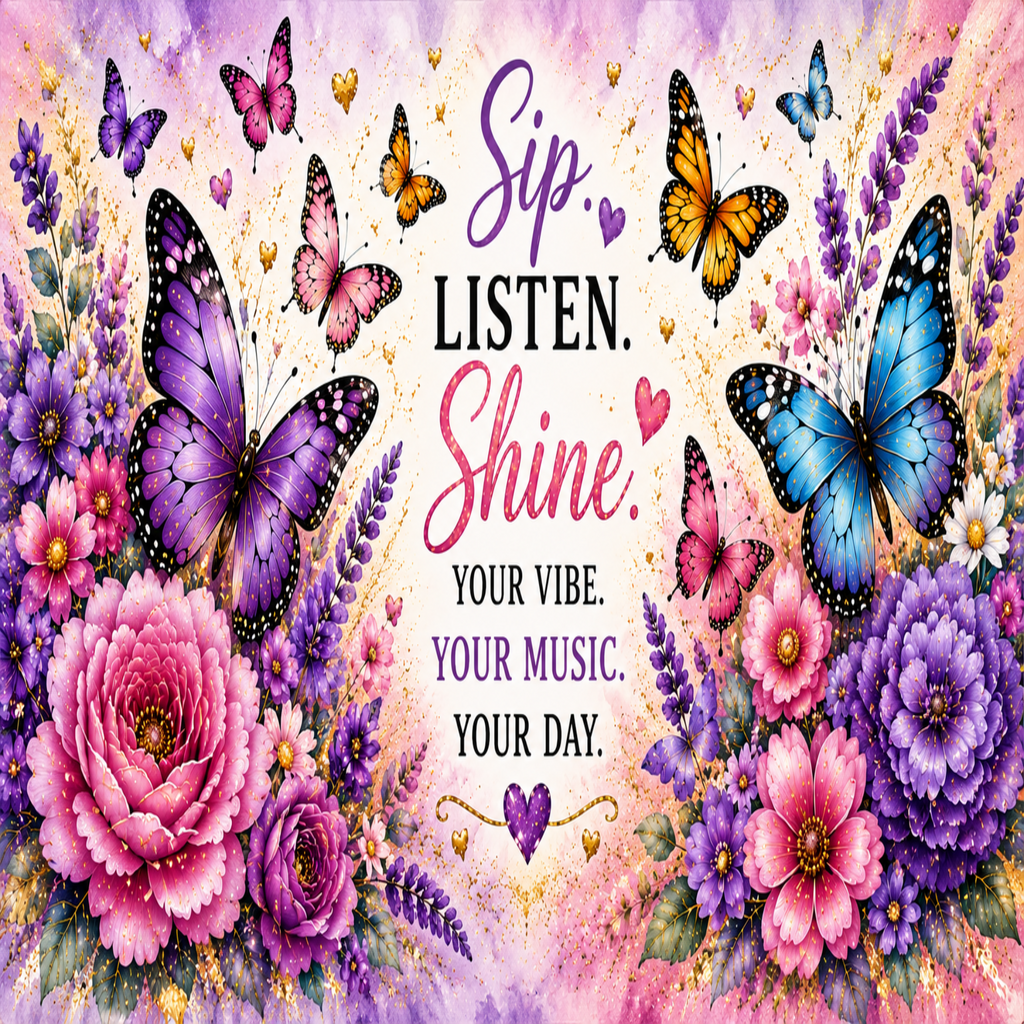 A colorful decorative graphic with the phrase 'Sip. LISTEN.