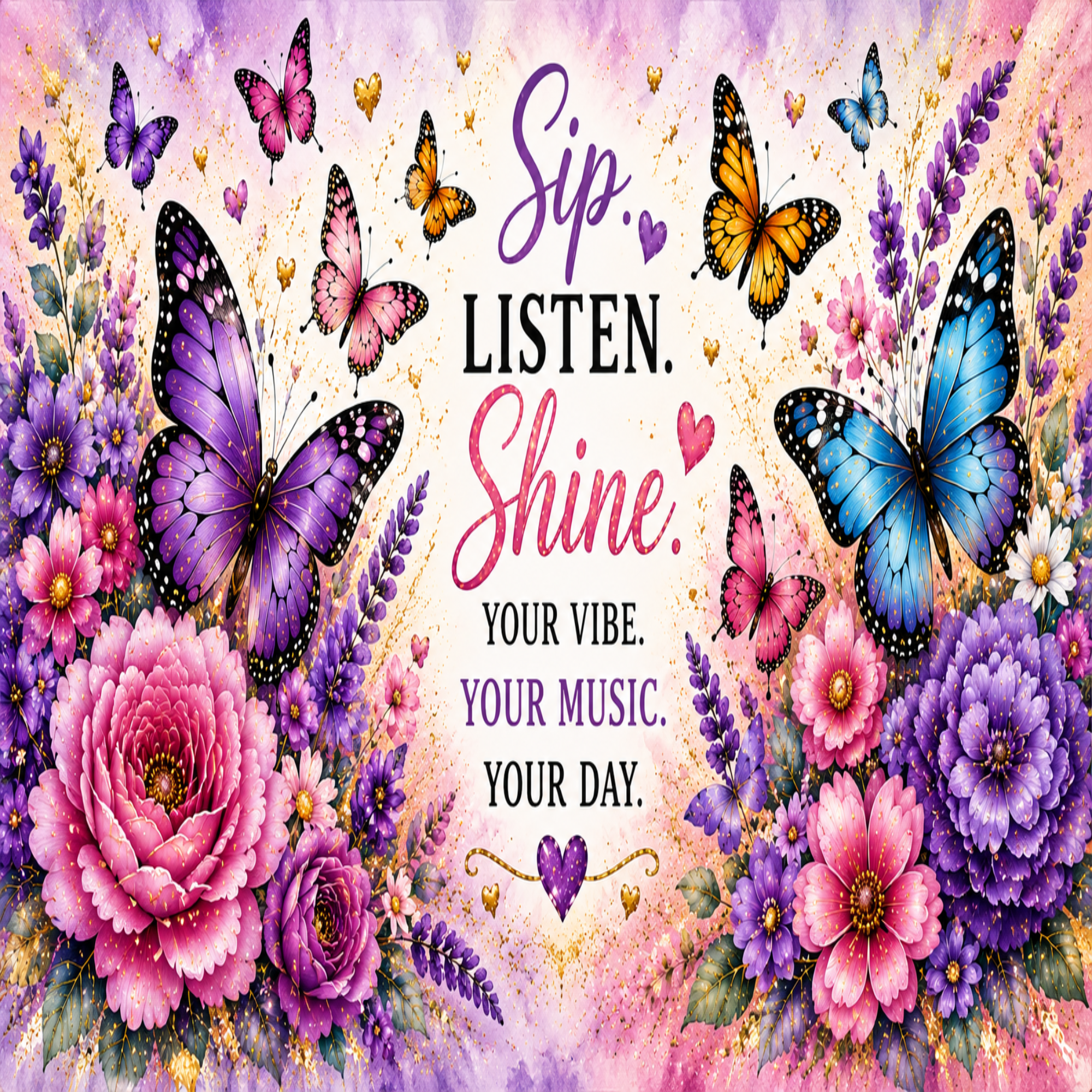 A colorful decorative graphic with the phrase 'Sip. LISTEN.