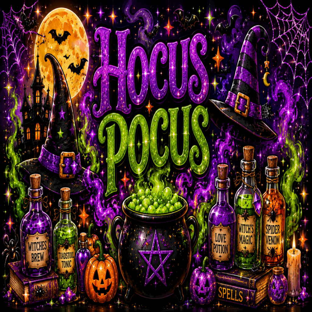 A festive Halloween-themed illustration reading 'Hocus Pocus' in large glittery purple and green letters, surrounded by witch hats, potion bottles, a cauldron of green liquid, a jack-o'-lantern, candles, and spooky house elements on a dark purple background.
