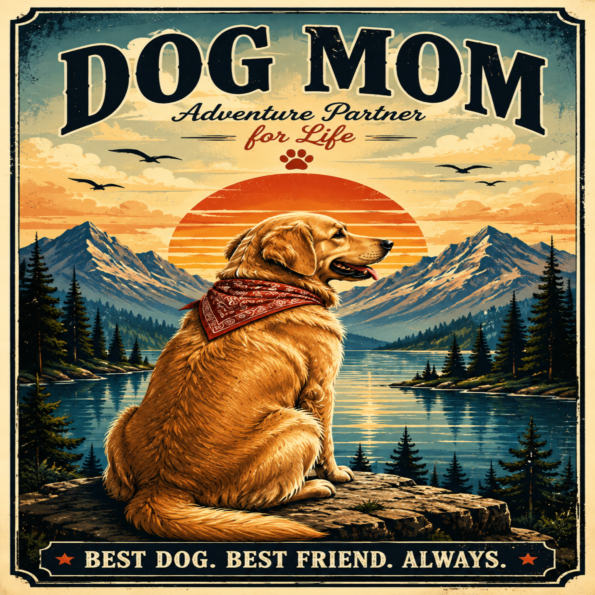 A vintage-style illustrated poster with the text 'DOG MOM Adventure Partner for Life' above a golden retriever wearing a red bandana, sitting by a lake with mountains and a large orange sunset in the background. The bottom reads 'BEST DOG.