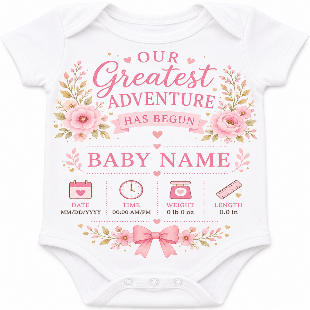 A white short-sleeve baby bodysuit with a pink and green floral graphic and text that reads 'Our Greatest Adventure Has Begun' and 'Baby Name,' plus baby milestone icons below.