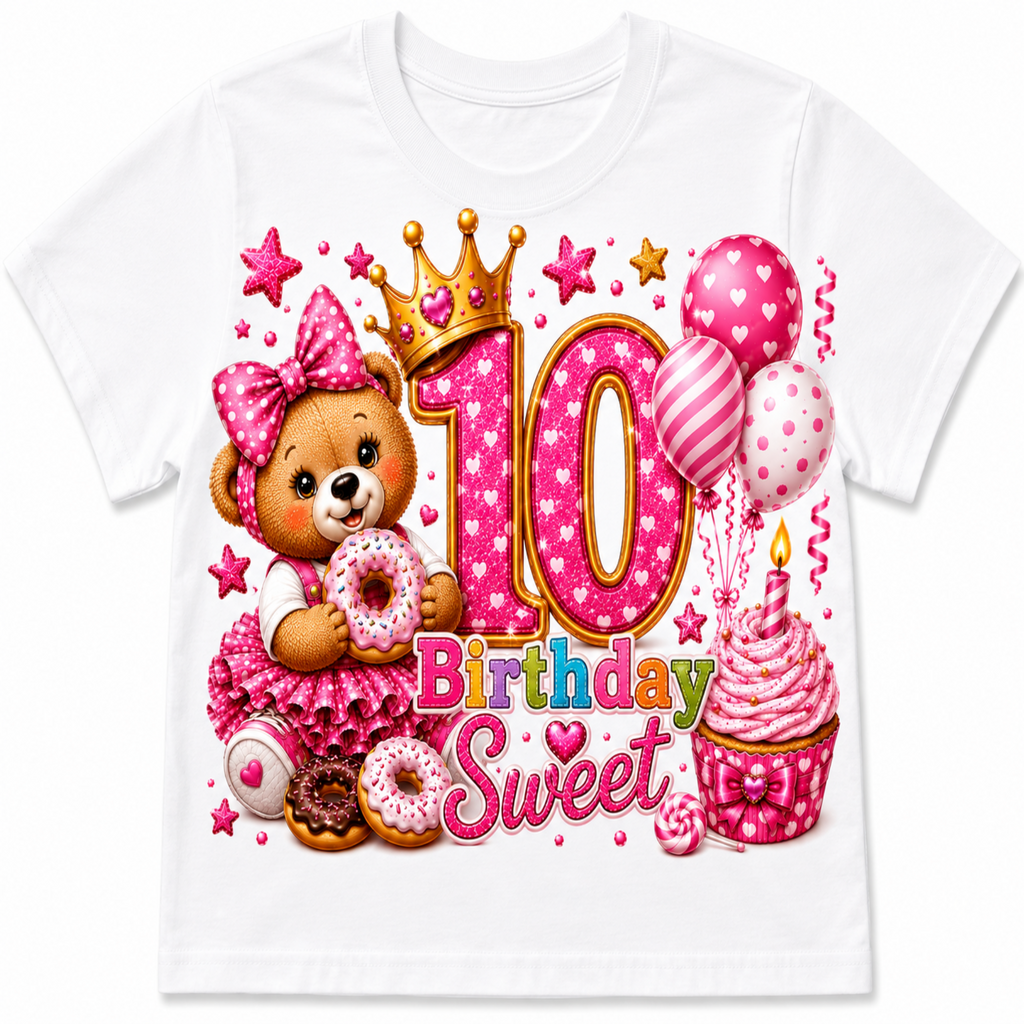 A white short-sleeve kids' t-shirt featuring a colorful '10th Birthday Sweet' graphic print with a teddy bear, cupcakes, balloons, stars, and a crown.