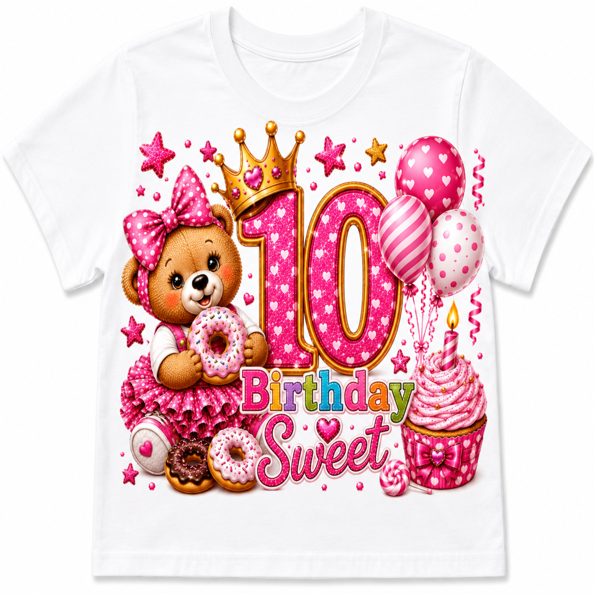 A white short-sleeve kids' t-shirt featuring a colorful '10th Birthday Sweet' graphic print with a teddy bear, cupcakes, balloons, stars, and a crown.