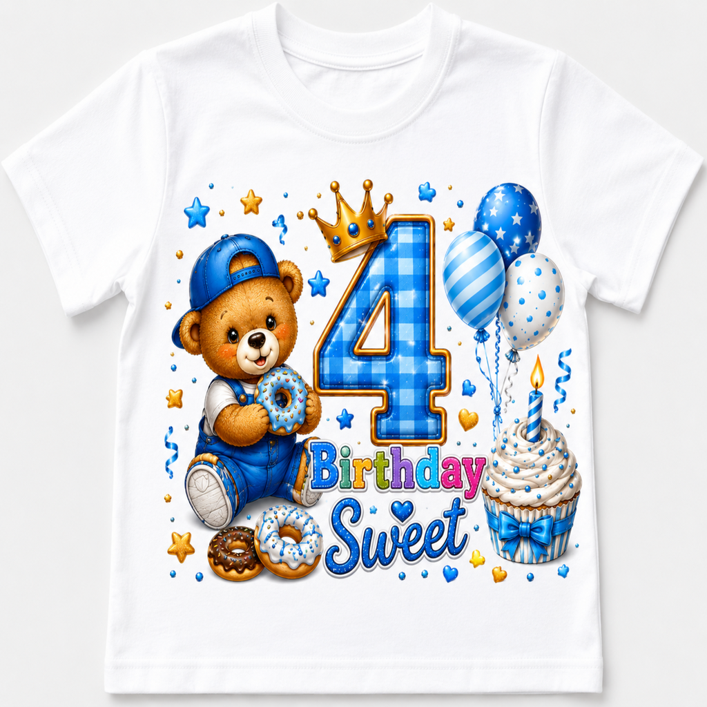 A white short-sleeve kids' t-shirt featuring a colorful '4th Birthday' graphic print with a cartoon teddy bear, balloons, cupcakes, and stars.