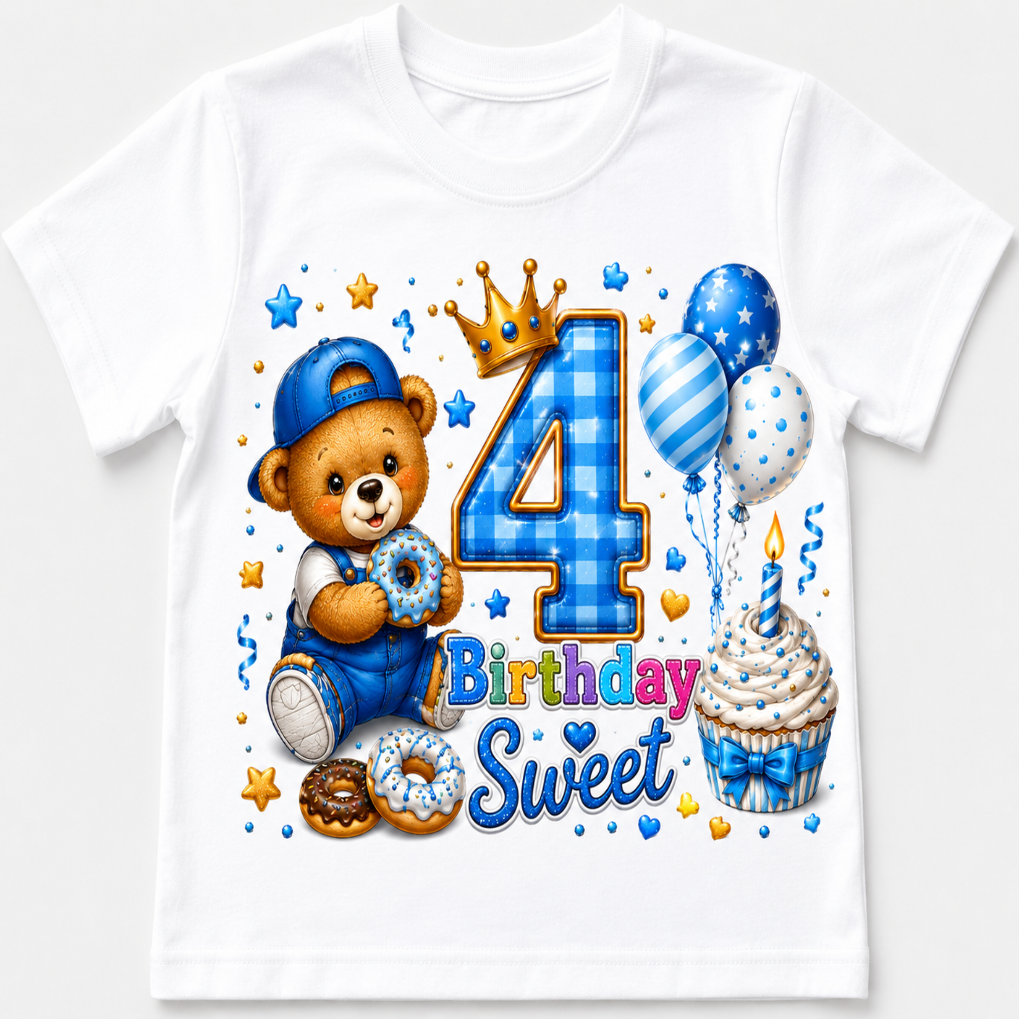 A white short-sleeve kids' t-shirt featuring a colorful '4th Birthday' graphic print with a cartoon teddy bear, balloons, cupcakes, and stars.