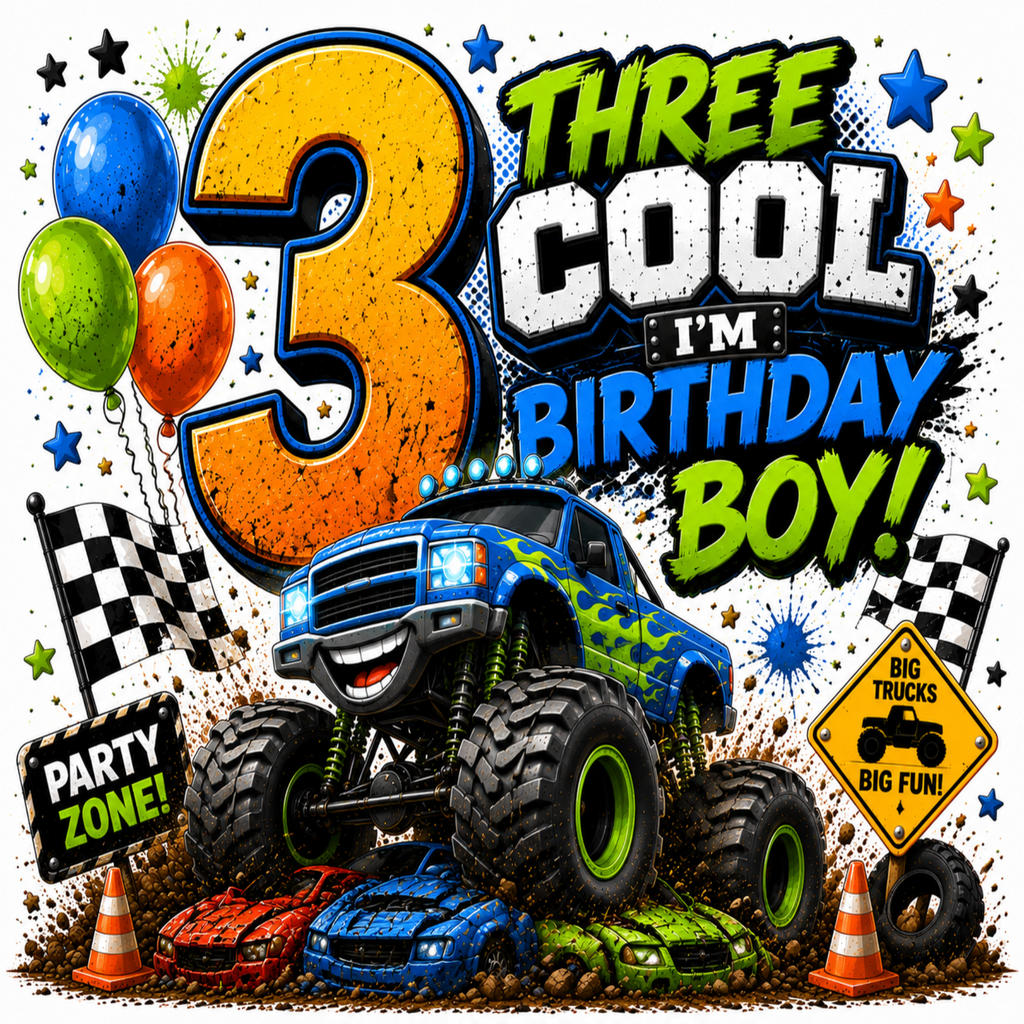 A vibrant, comic-style birthday graphic celebrating a 3rd birthday boy with a blue monster truck, balloons, checkered flags, racing cars, and bold text reading 'THREE COOL I'M BIRTHDAY BOY!'.