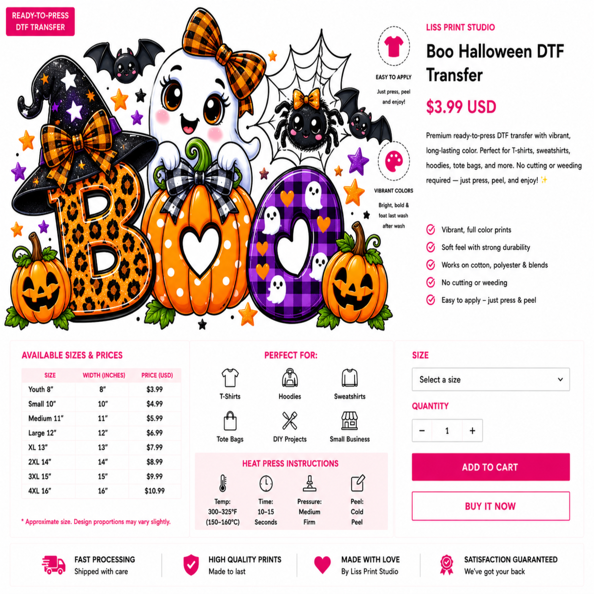 A promotional product graphic for a Boo Halloween DTF transfer design. The design shows three cartoon pumpkins with leopard print, plaid, and black-and-white striped patterns, along with a black cat, spiderwebs, and stars.