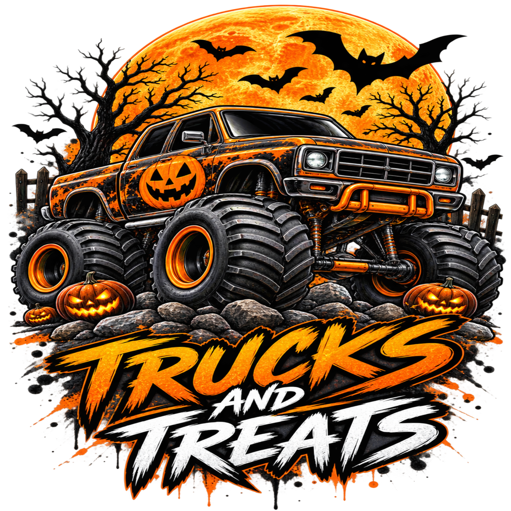 A Halloween-themed graphic featuring an orange monster truck with jack-o'-lantern decals, large black tires, and the text 'TRUCKS AND TREATS' over a spooky scene with a full moon, bats, trees, pumpkins, and rocks.