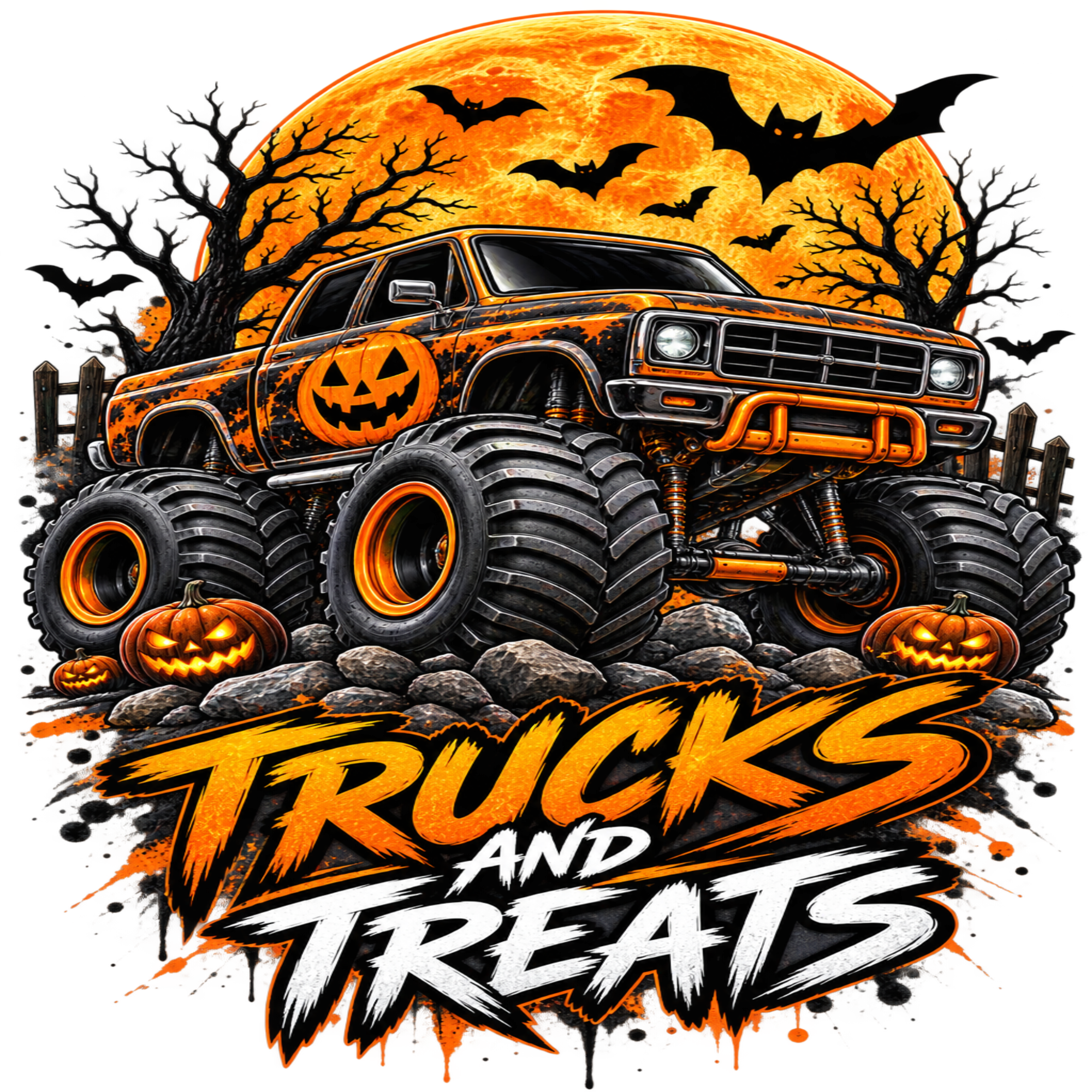 A Halloween-themed graphic featuring an orange monster truck with jack-o'-lantern decals, large black tires, and the text 'TRUCKS AND TREATS' over a spooky scene with a full moon, bats, trees, pumpkins, and rocks.