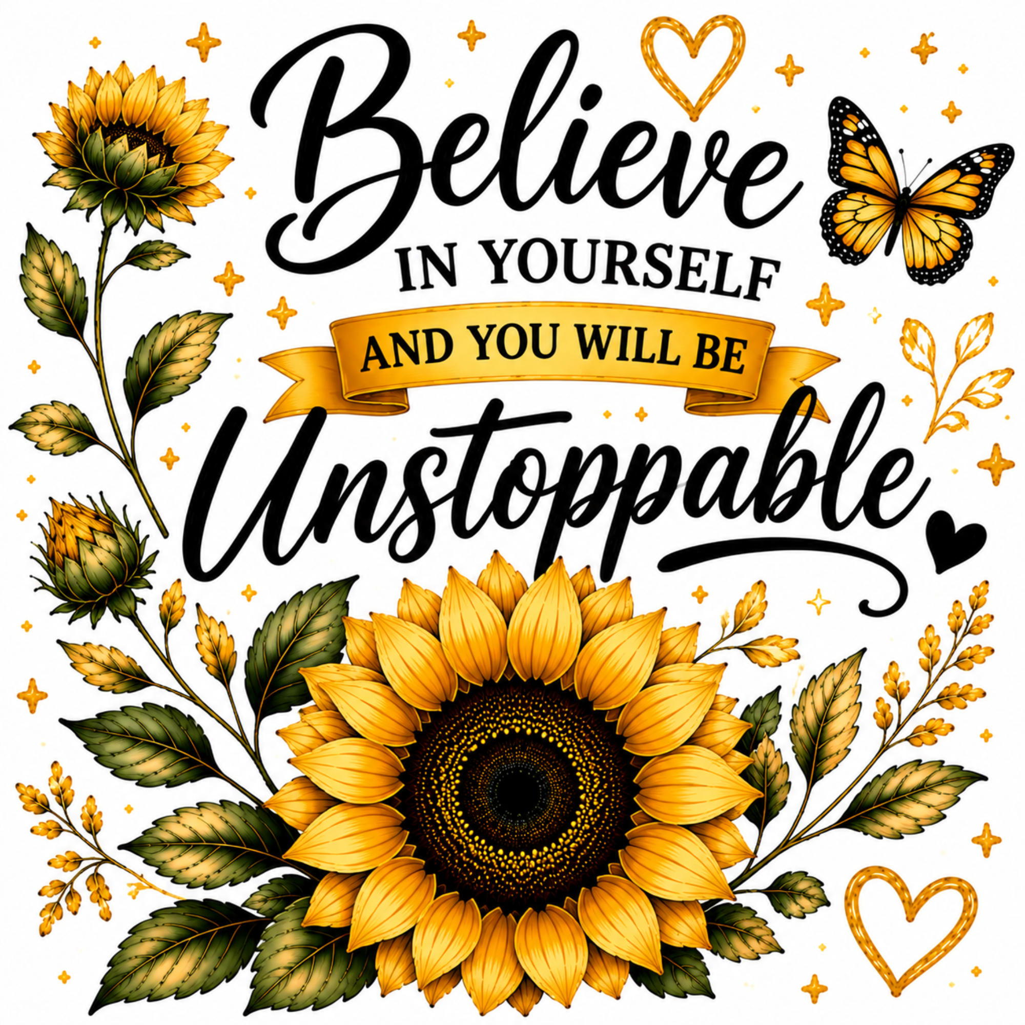 A decorative typographic design with the words “Believe in yourself and you will be unstoppable” in black script and serif lettering, surrounded by illustrated sunflowers, leaves, stars, hearts, and a butterfly on a white background.