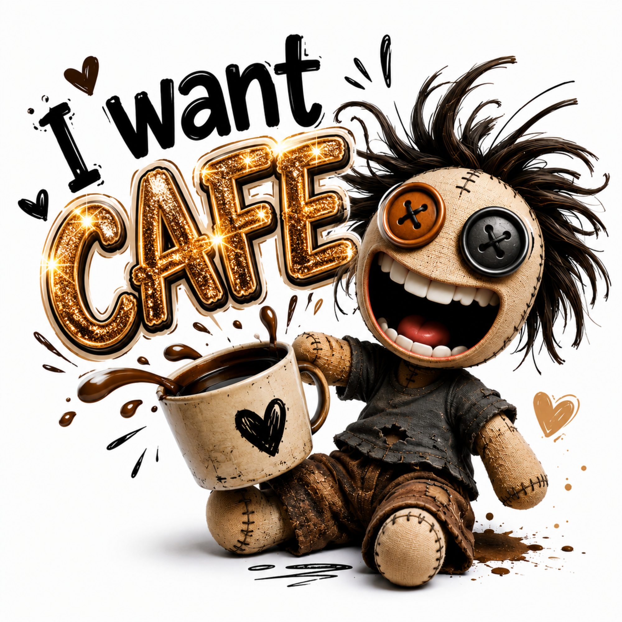 A stylized cartoon doll with wild black hair, a stitched face, and mismatched button eyes holds a coffee cup while the text 'I want CAFE' appears above on a white background.