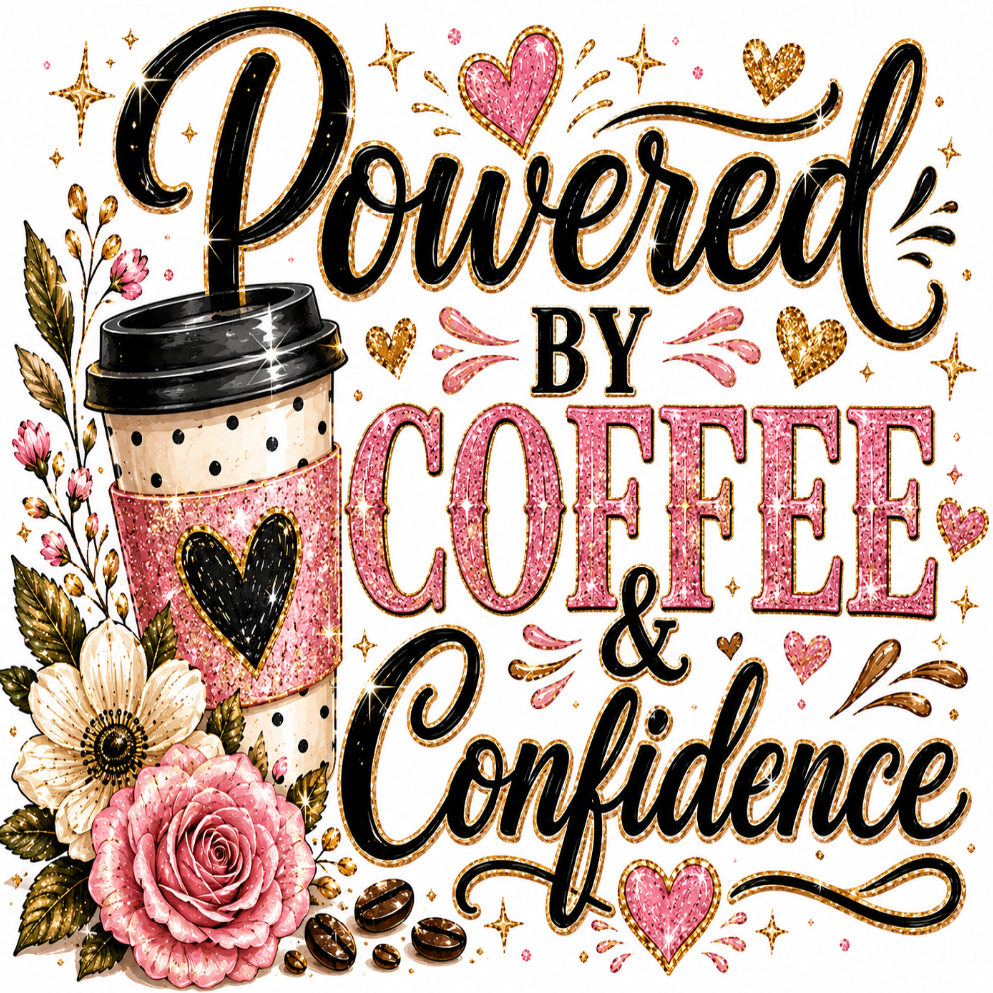 A decorative typographic design reading 'Powered by Coffee & Confidence' with a pink glitter coffee cup, flowers, coffee beans, and gold heart/star accents on a white background.