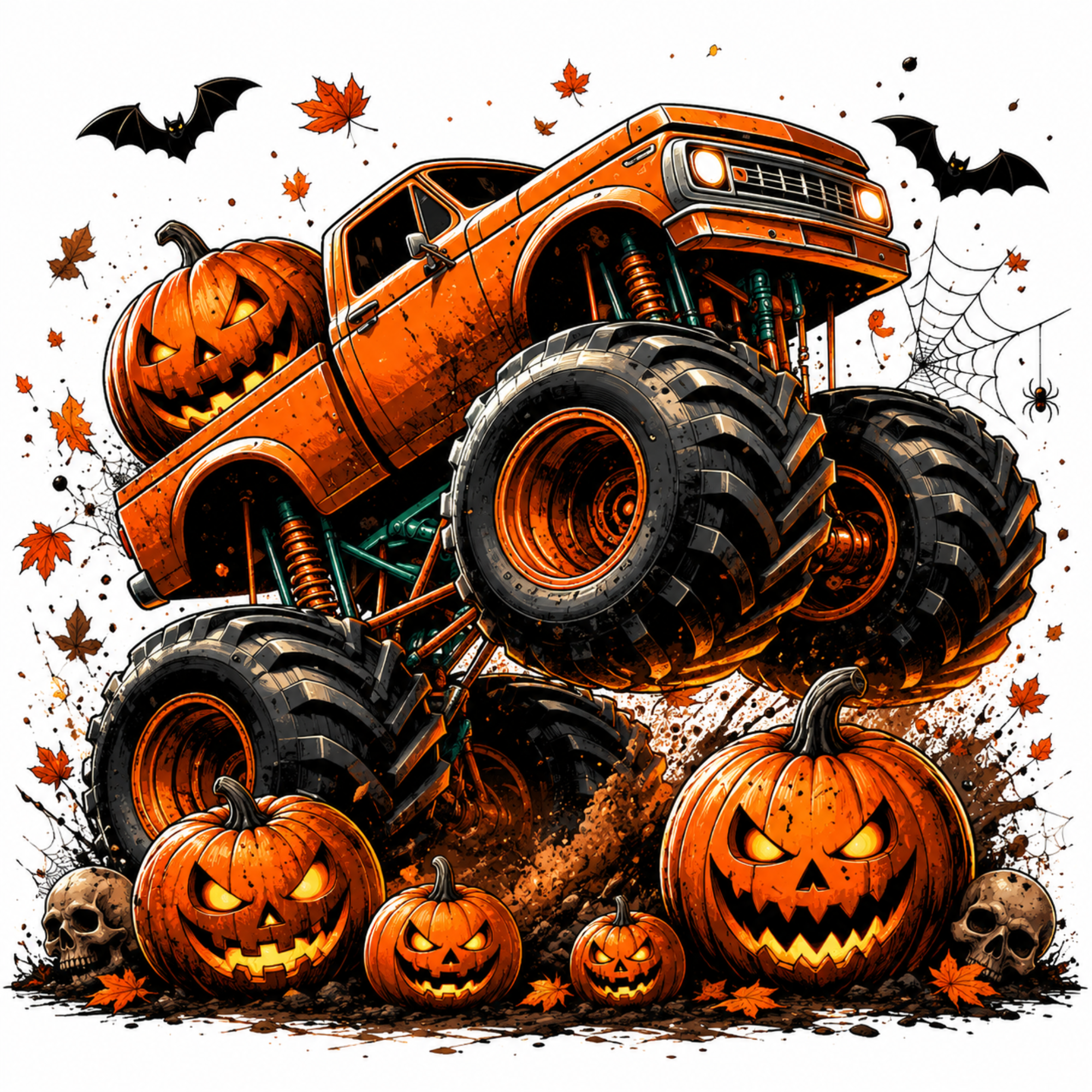 Stylized Halloween illustration of an orange monster truck with oversized black tires, surrounded by carved pumpkins, skulls, bats, spiderwebs, and falling leaves on a white background.