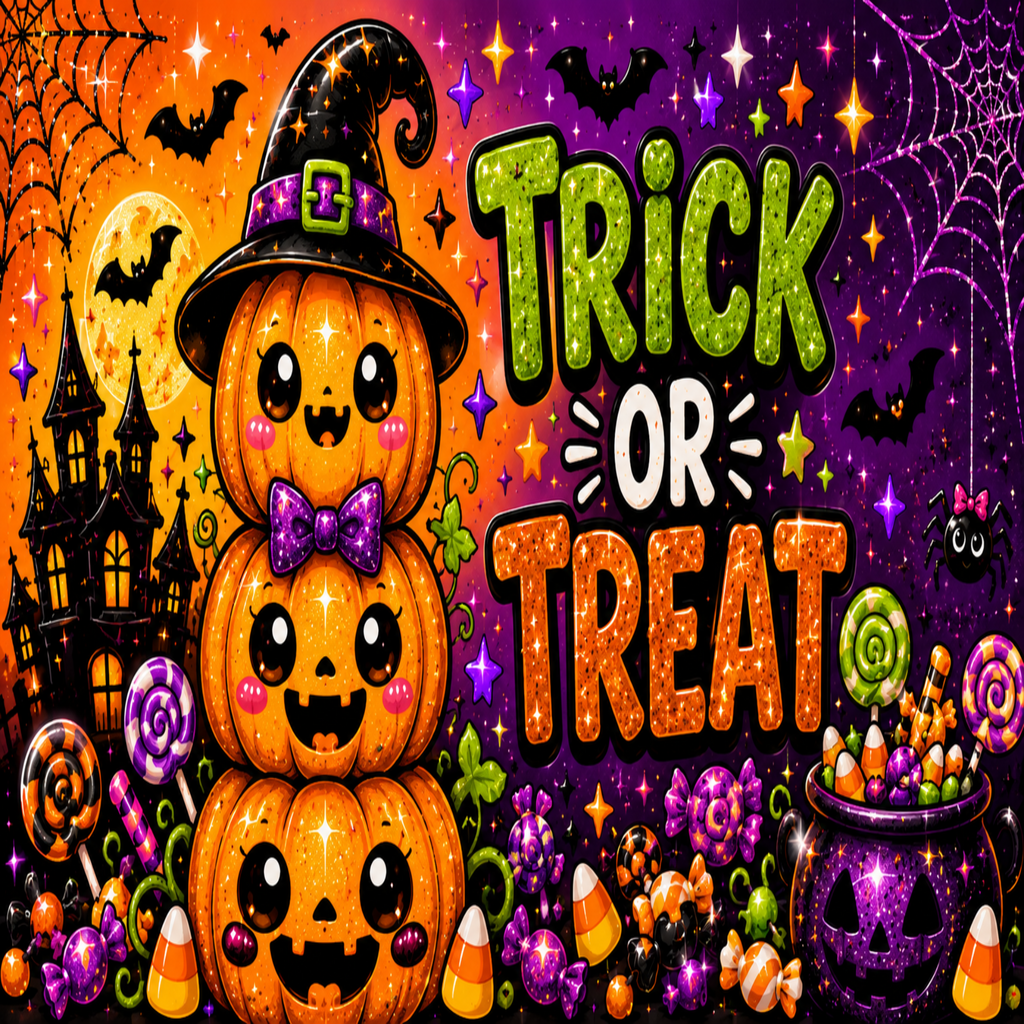 A colorful Halloween-themed graphic with the words “TRICK OR TREAT” in large glittery letters. On the left is a stack of three smiling jack-o'-lantern pumpkins wearing a witch hat and bow tie, with a haunted house, moon, bats, spiderwebs, candy corn, lollipops, and a cauldron of treats.