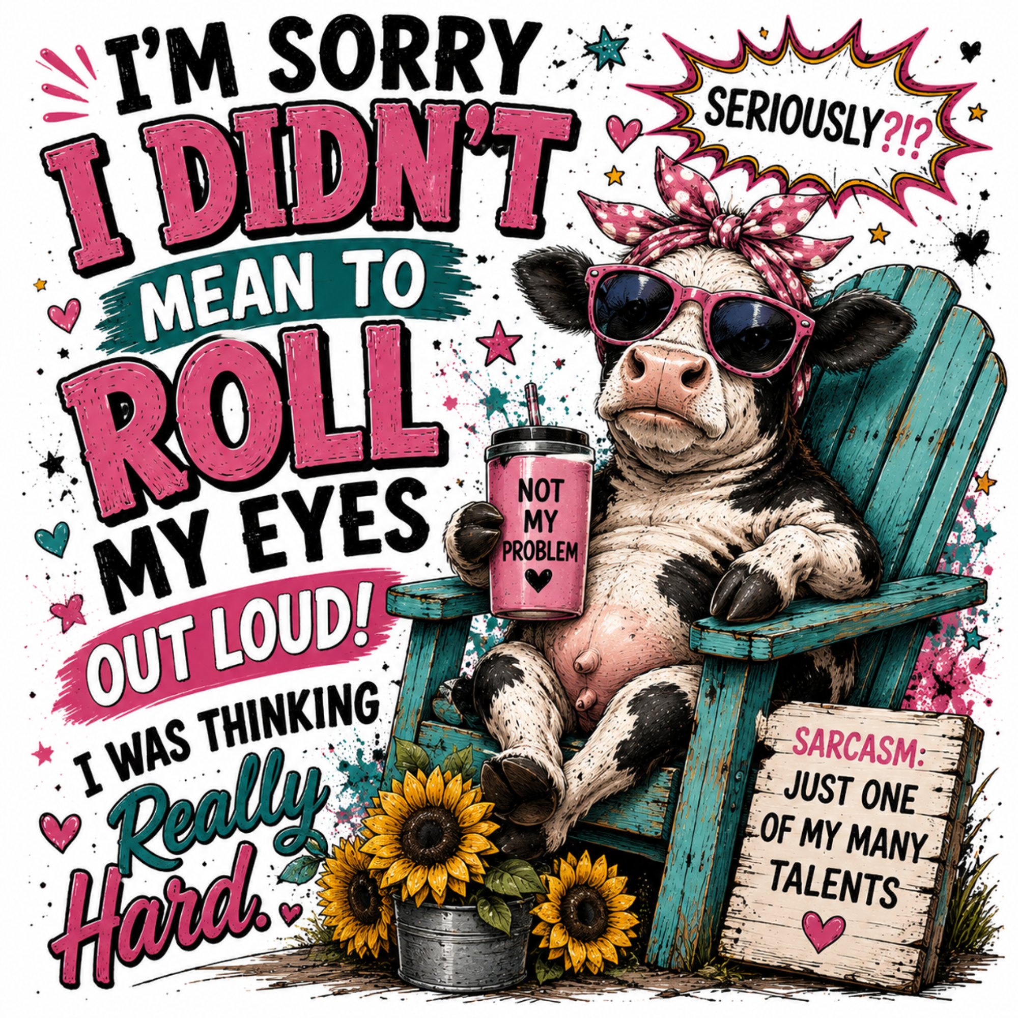 Sarcasm graphic featuring a cartoon cow wearing sunglasses and a pink polka-dot headband, sitting in a teal Adirondack chair and holding a pink tumbler that says 'NOT MY PROBLEM'. The graphic includes the text 'I'M SORRY I DIDN'T MEAN TO ROLL MY EYES OUT LOUD! I WAS THINKING Really Hard.
