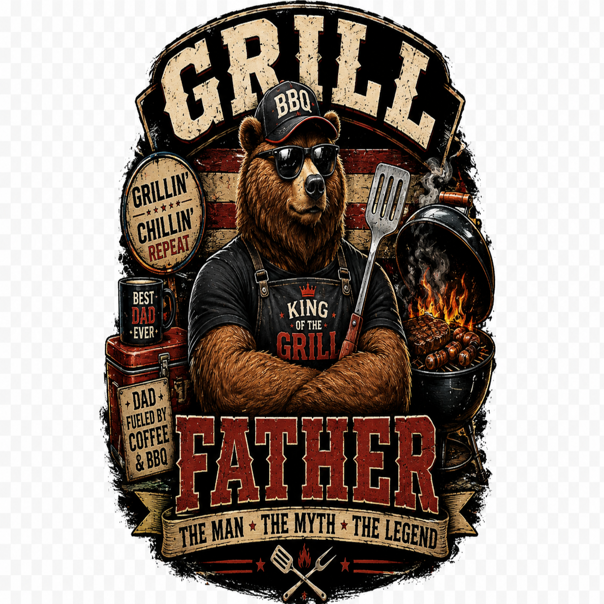 A rustic BBQ-themed graphic featuring a bear wearing a cap and apron with the words 'King of the Grill' and 'Father', surrounded by flames, grills, mugs, and bold text reading 'Grill' and 'Father'.