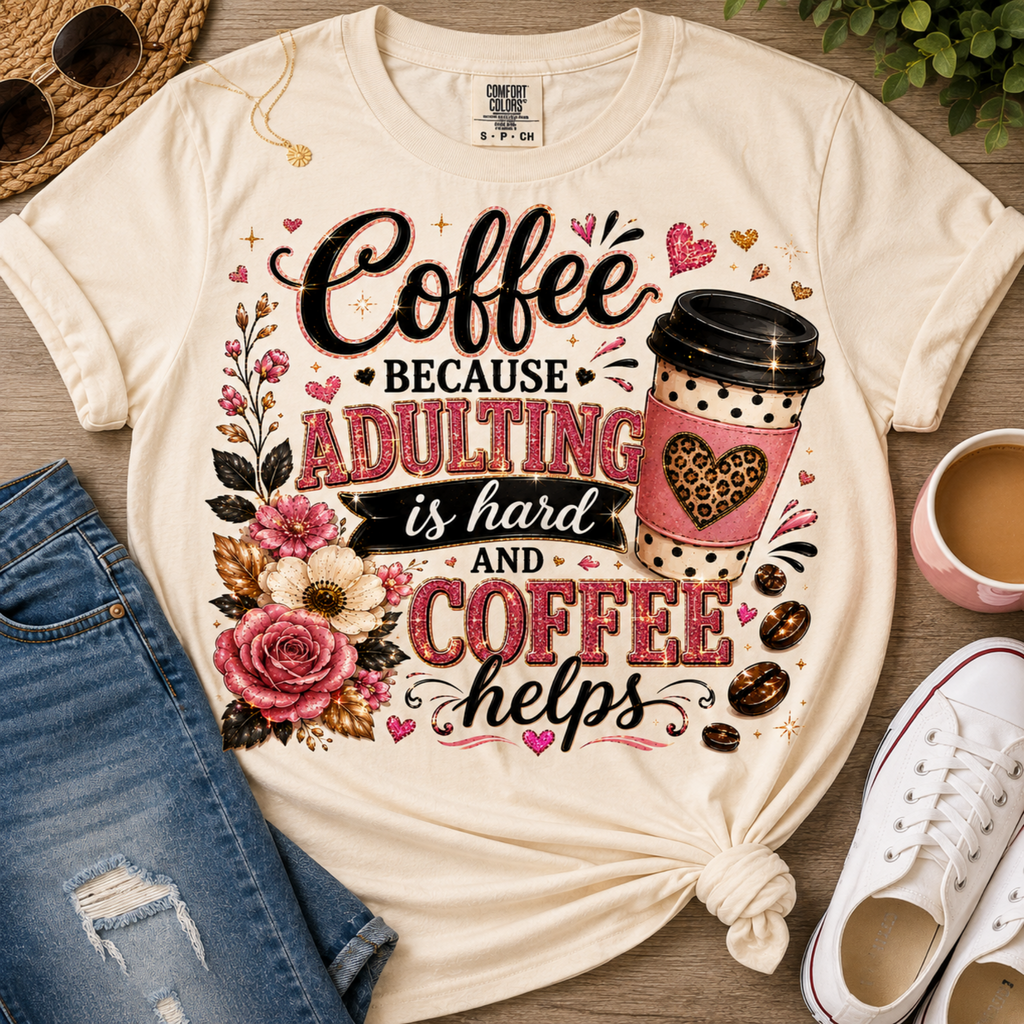 A cream-colored graphic t-shirt styled in a flat-lay arrangement with blue jeans, white sneakers, sunglasses, and a cup of coffee on a wooden surface. The t-shirt features a graphic that reads 'Coffee BECAUSE ADULTING is hard AND COFFEE helps' with a coffee cup illustration and floral details.