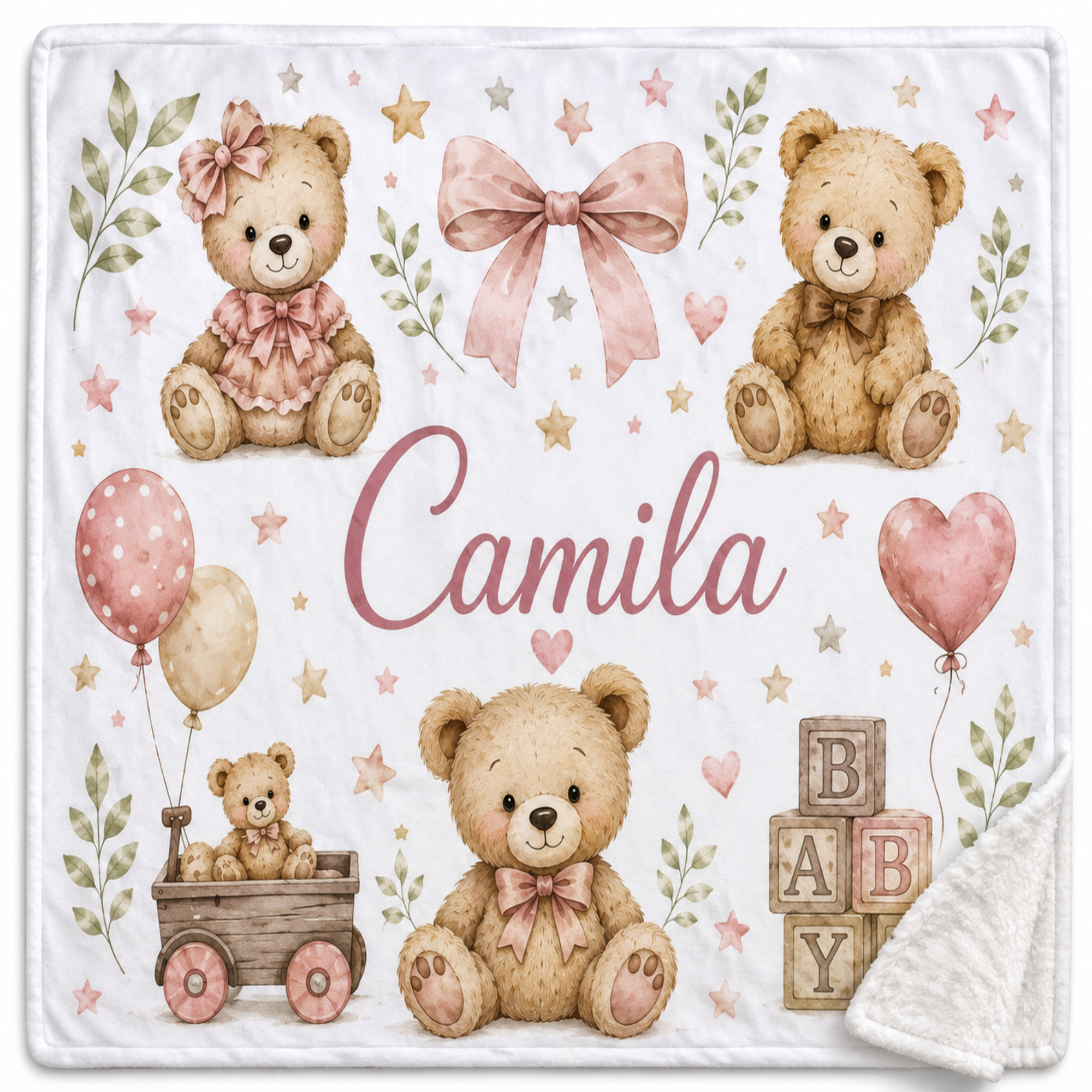 A personalized baby blanket featuring four teddy bears, pastel balloons, stars, leaves, and the name 'Camila' in script. The blanket has a white sherpa backing visible on the bottom right corner.