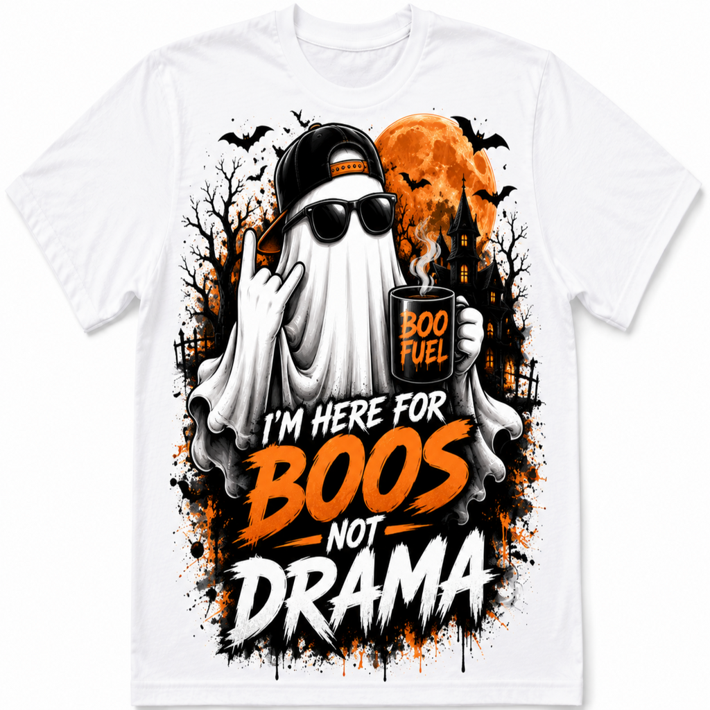 White short-sleeve crewneck t-shirt featuring a Halloween graphic print of a ghost wearing a black cap and sunglasses, holding a mug that says 'BOO FUEL', with an orange full moon, haunted house, bats, and the text 'I'M HERE FOR BOOS NOT DRAMA'.