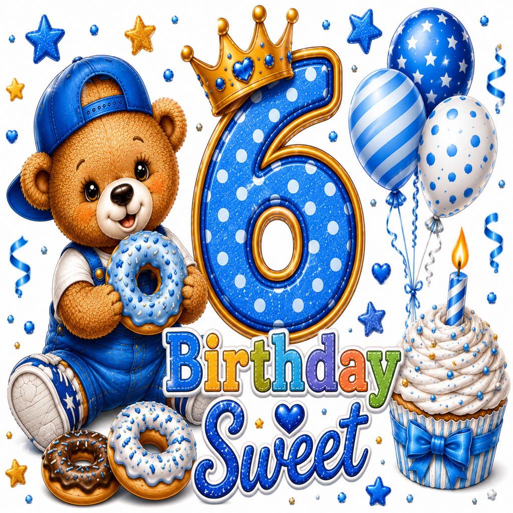 A festive 6th birthday graphic featuring a teddy bear in blue overalls and cap holding a donut, a large blue number 6 with a gold crown, balloons, a cupcake, and the words 'Birthday Sweet' on a white background with scattered stars and confetti.