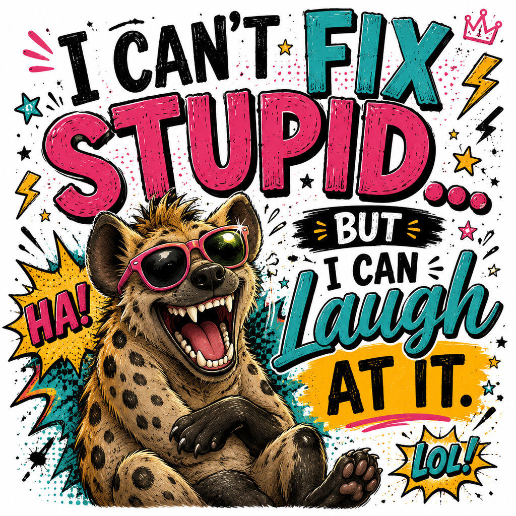 A colorful comic-style graphic with the text 'I CAN'T FIX STUPID BUT I CAN Laugh AT IT.' and a cartoon hyena wearing pink sunglasses, surrounded by stars, lightning bolts, and speech bubbles on a white background.
