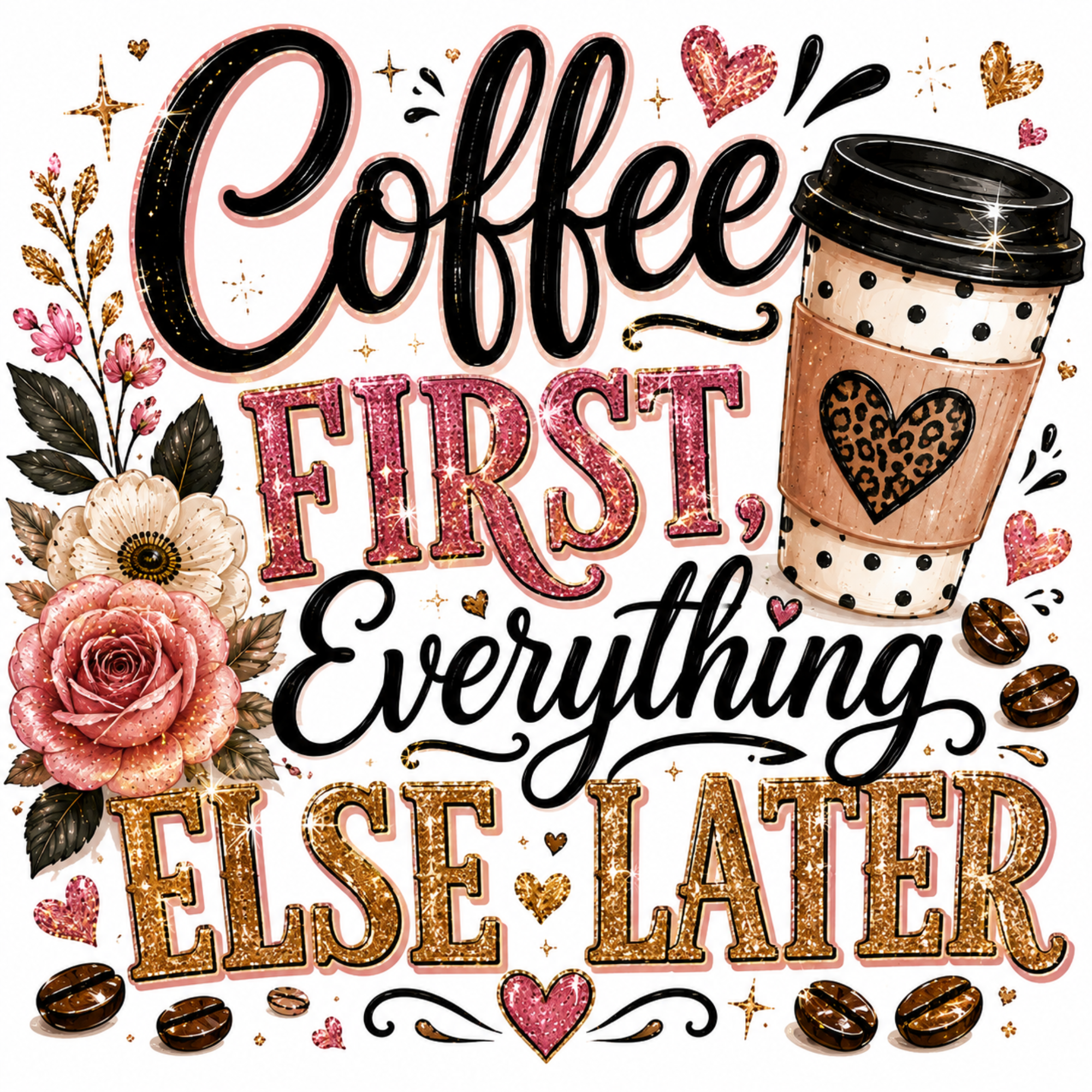 A decorative coffee-themed graphic with the phrase 'Coffee First, Everything Else Later' in black and glittery pink/gold lettering, plus an illustrated coffee cup, flowers, hearts, stars, and coffee beans on a white background.