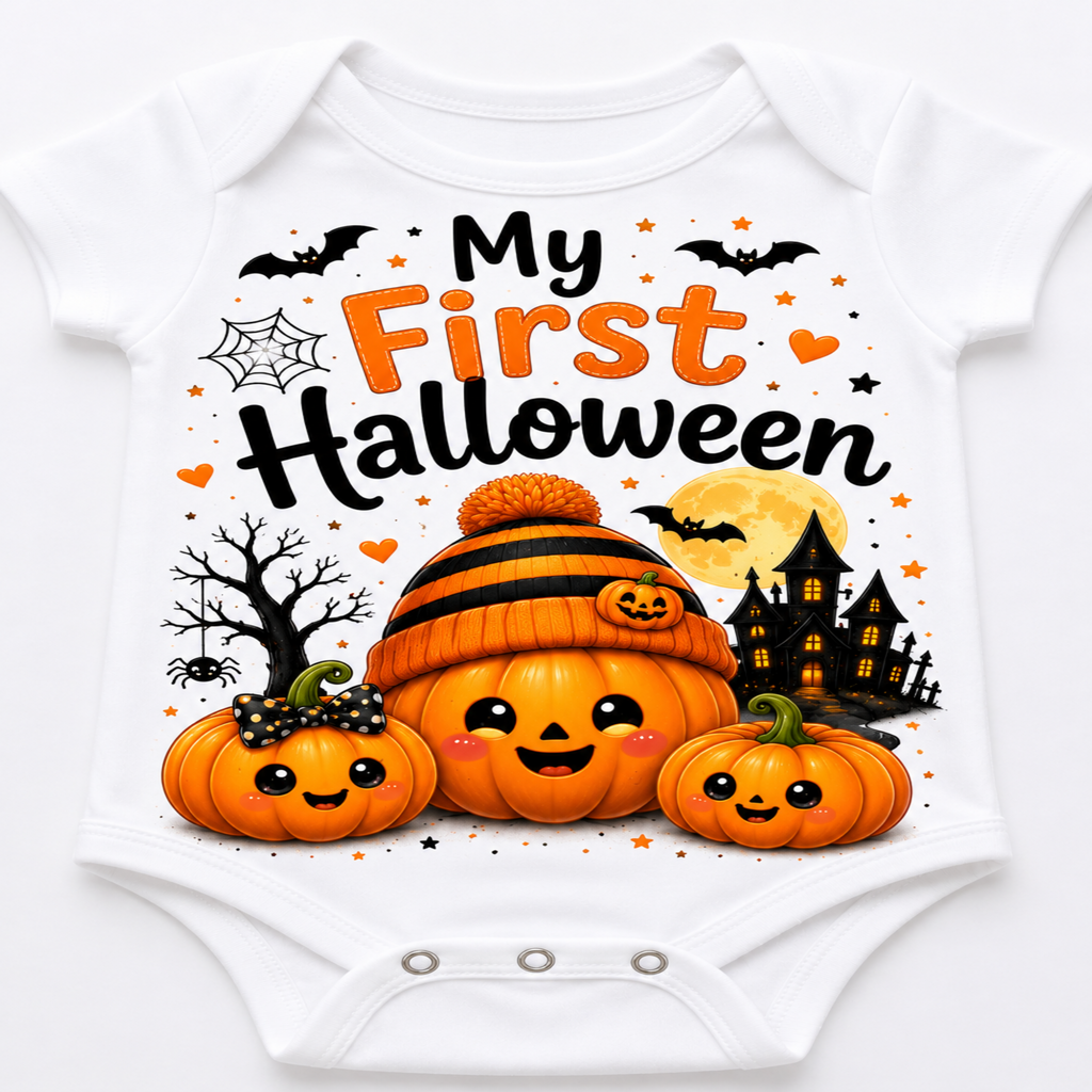 White short-sleeve baby bodysuit with a colorful 'My First Halloween' graphic print featuring pumpkins, bats, a haunted house, and a moon.