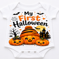 White short-sleeve baby bodysuit with a colorful 'My First Halloween' graphic print featuring pumpkins, bats, a haunted house, and a moon.