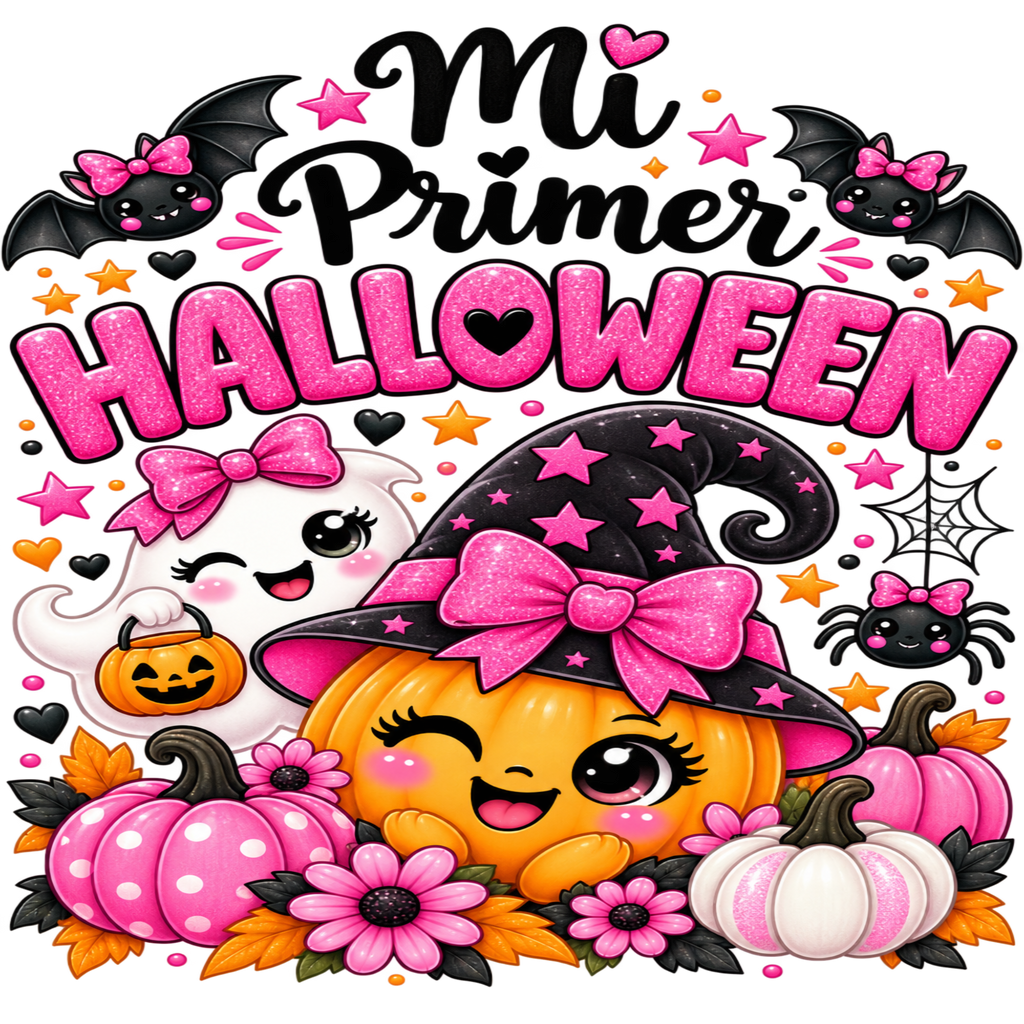 A colorful Halloween-themed graphic with the text 'Mi Primer HALLOWEEN' in pink and black lettering, surrounded by cartoon pumpkins, flowers, bats, spiders, and a smiling ghost on a white background.