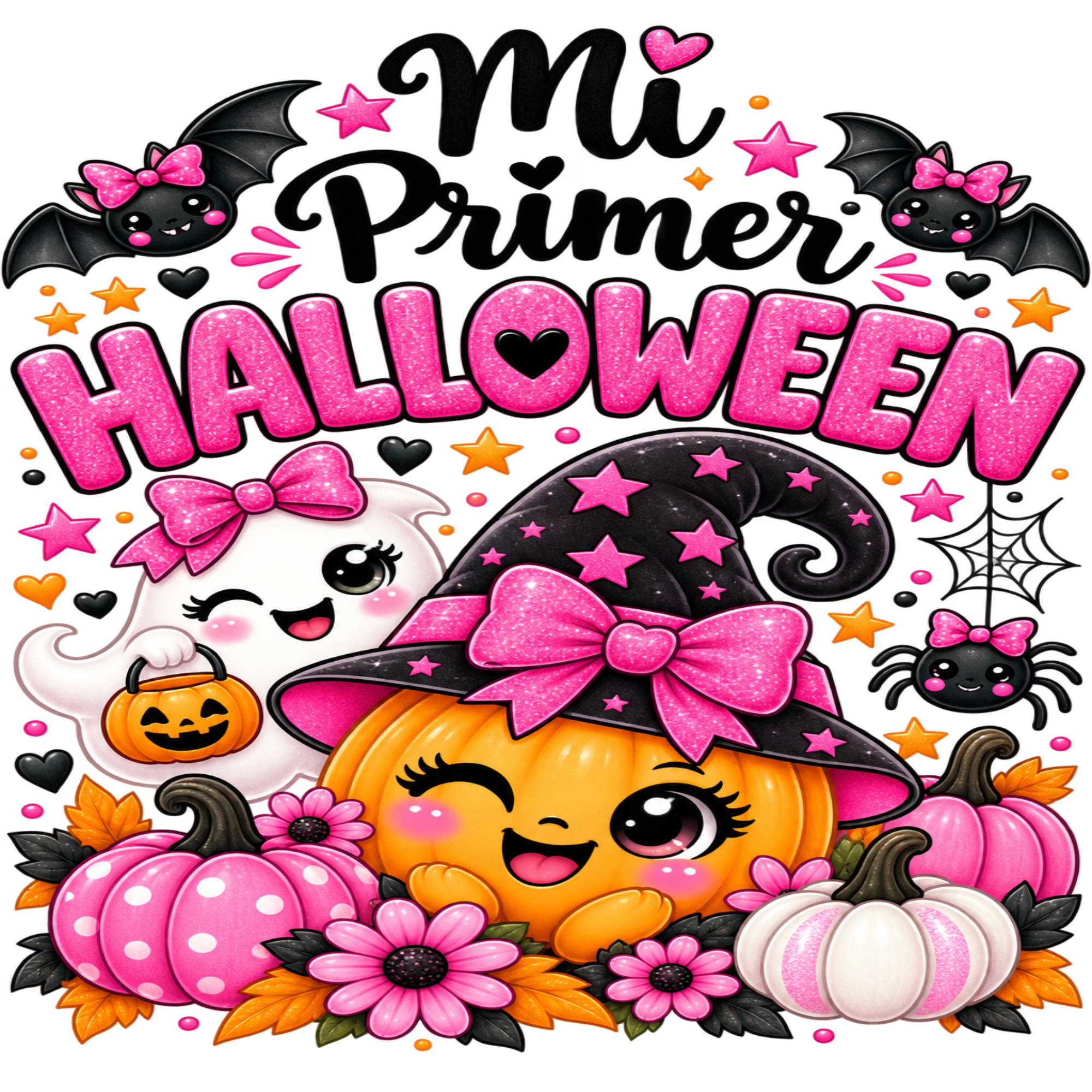 A colorful Halloween-themed graphic with the text 'Mi Primer HALLOWEEN' in pink and black lettering, surrounded by cartoon pumpkins, flowers, bats, spiders, and a smiling ghost on a white background.