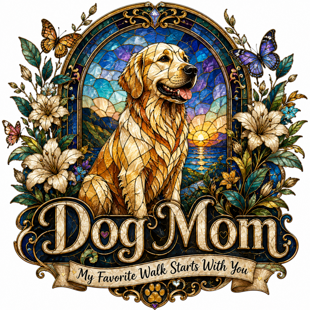 A decorative graphic featuring a golden retriever dog in the center, surrounded by flowers, butterflies, and an ornate stained-glass-style arch. The text reads “Dog Mom” with a banner below that says “My Favorite Walk Starts With You.