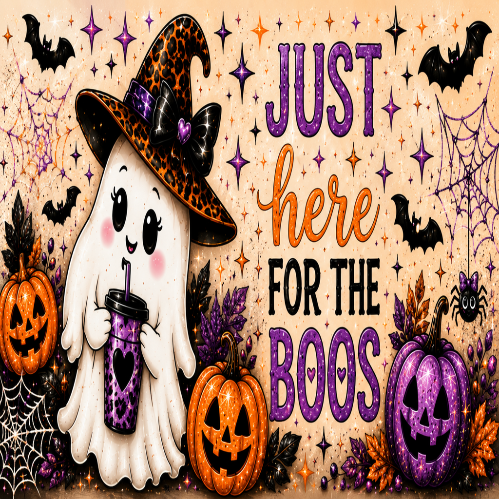 Halloween-themed graphic with a cute cartoon ghost wearing a leopard-print witch hat and holding a purple drink. The design includes pumpkins, spiders, bats, webs, stars, and the text 'JUST here FOR THE BOOS' on a beige patterned background.