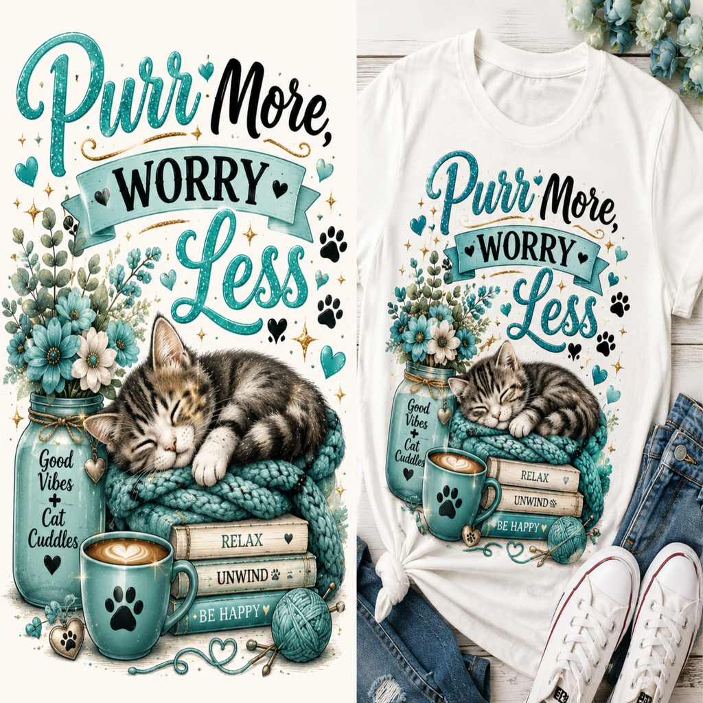 A white graphic T-shirt shown in a styled flat-lay with jeans, white sneakers, flowers, and a mug. The shirt features a large printed design with the phrase 'Purr More Worry Less,' a sleeping tabby kitten on a teal knit blanket, flowers, a mason jar, books, a cup with a paw print, and small decorative elements.