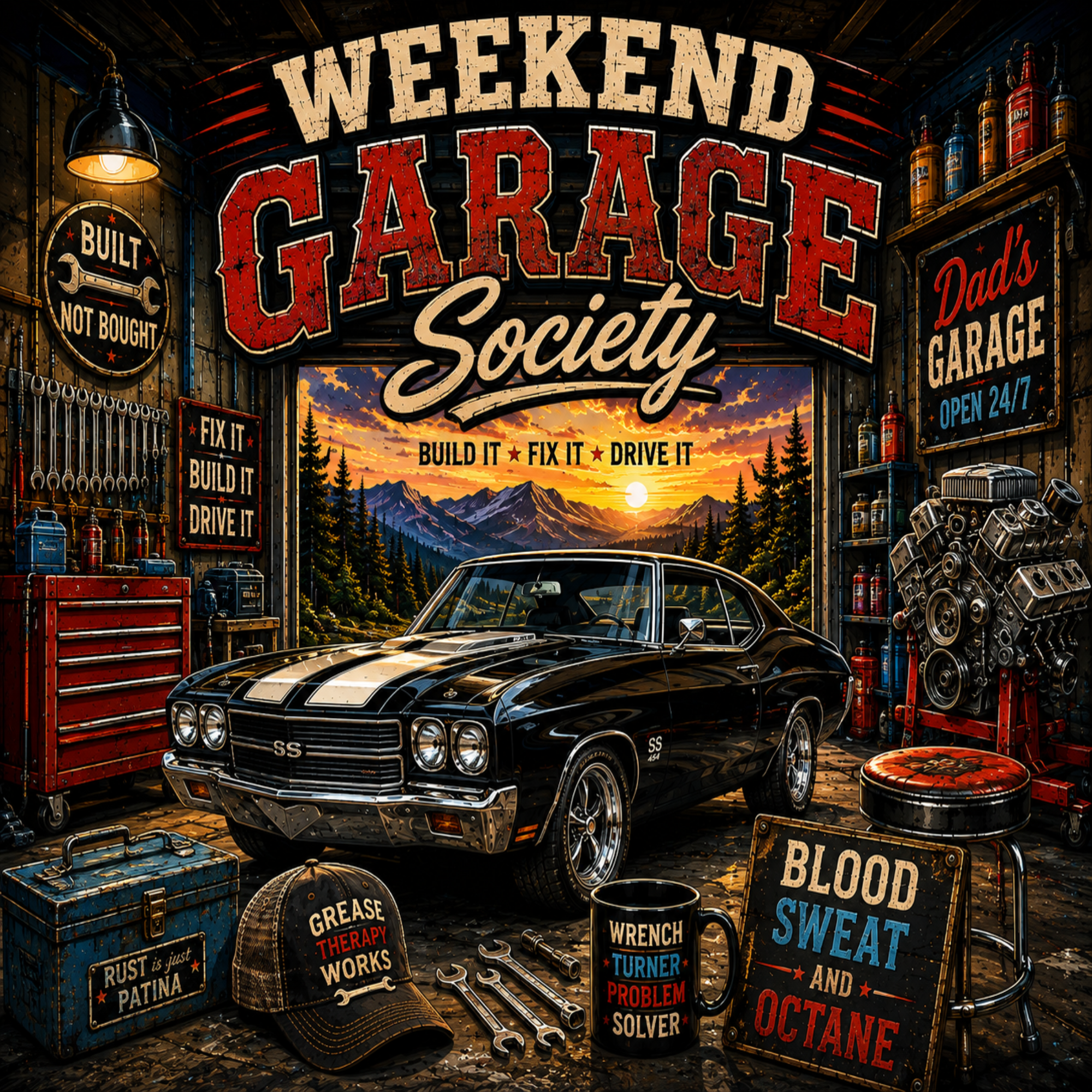 A rustic garage-themed graphic with the words “WEEKEND GARAGE Society” above a black classic muscle car. The scene includes tools, signs, an engine, a stool, a hat, and mugs in a detailed garage interior, with a sunset landscape visible in the background.