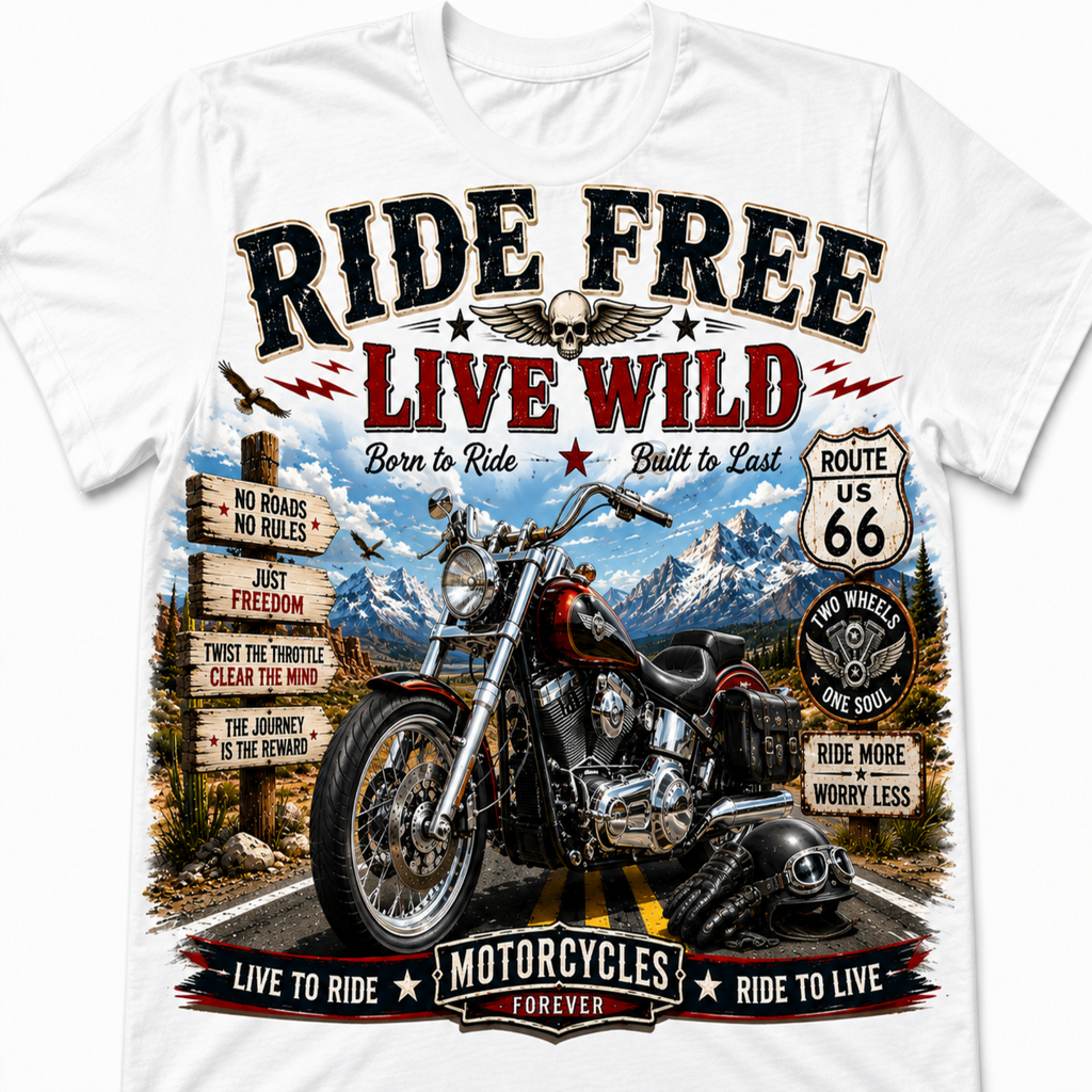 A white short-sleeve graphic t-shirt featuring a large vintage-style print on the front. The design displays a red and black cruiser motorcycle, snowy mountains, wooden road signs, and bold text reading 'RIDE FREE LIVE WILD' along with 'Motorcycles Forever'.