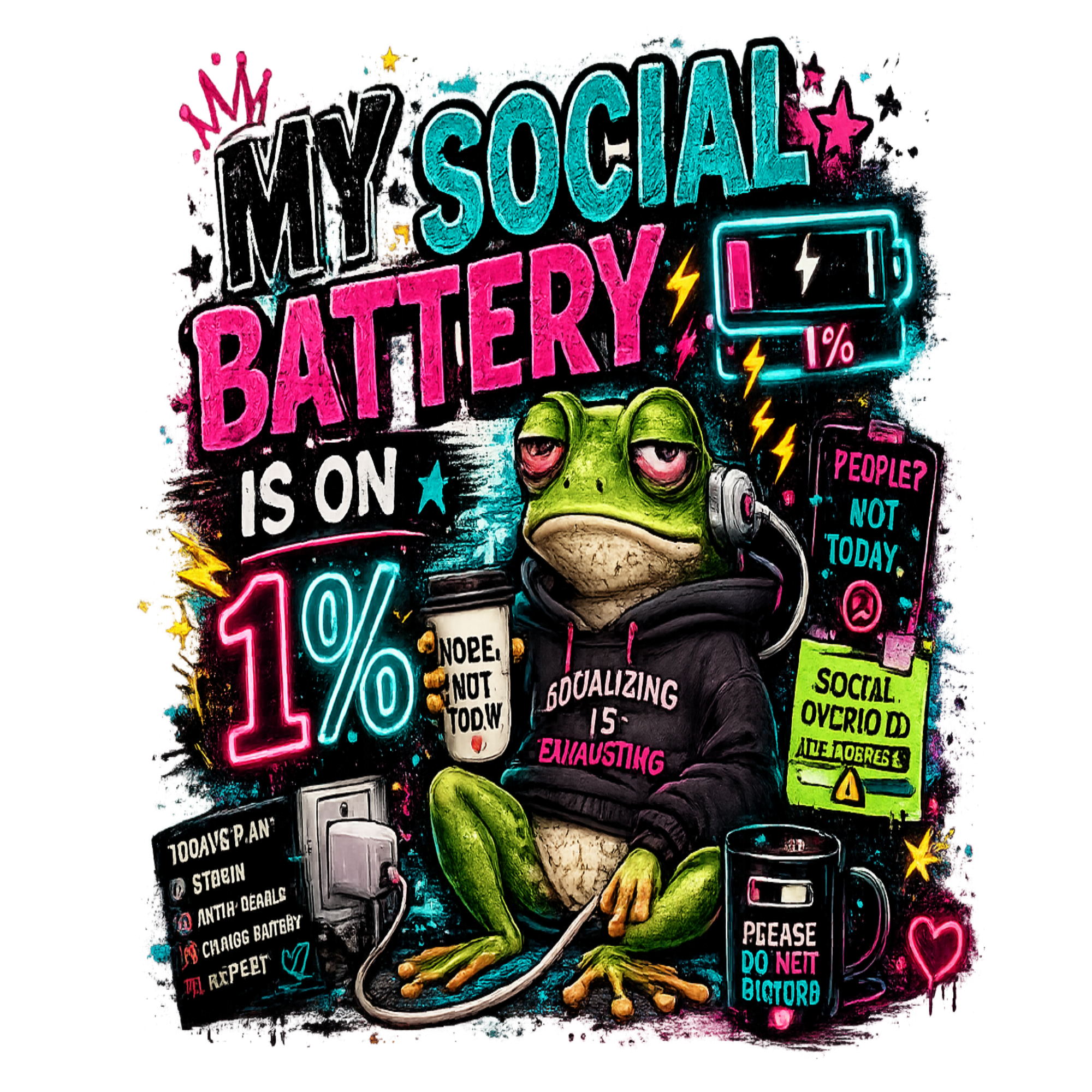 A colorful graphic print featuring a green frog wearing a black hoodie with the text 'SOCIALIZING IS ENACTING'. The frog is surrounded by humorous and sarcastic text bubbles, mugs, and a battery icon that reads 'MY SOCIAL BATTERY IS ON 1%'.