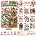 A collage-style product sheet showing a cat-themed DTF decal collection with multiple illustrated designs, paw prints, hearts, and text such as 'CAT MOM,' 'Home is where my cats are,' '10 pieces per set,' and 'Made with love by Lls Print Studio.' This is not a clean single-product studio shot and not a lifestyle scene; it functions as a digital preview sheet for the decals, so subject_type is Other.