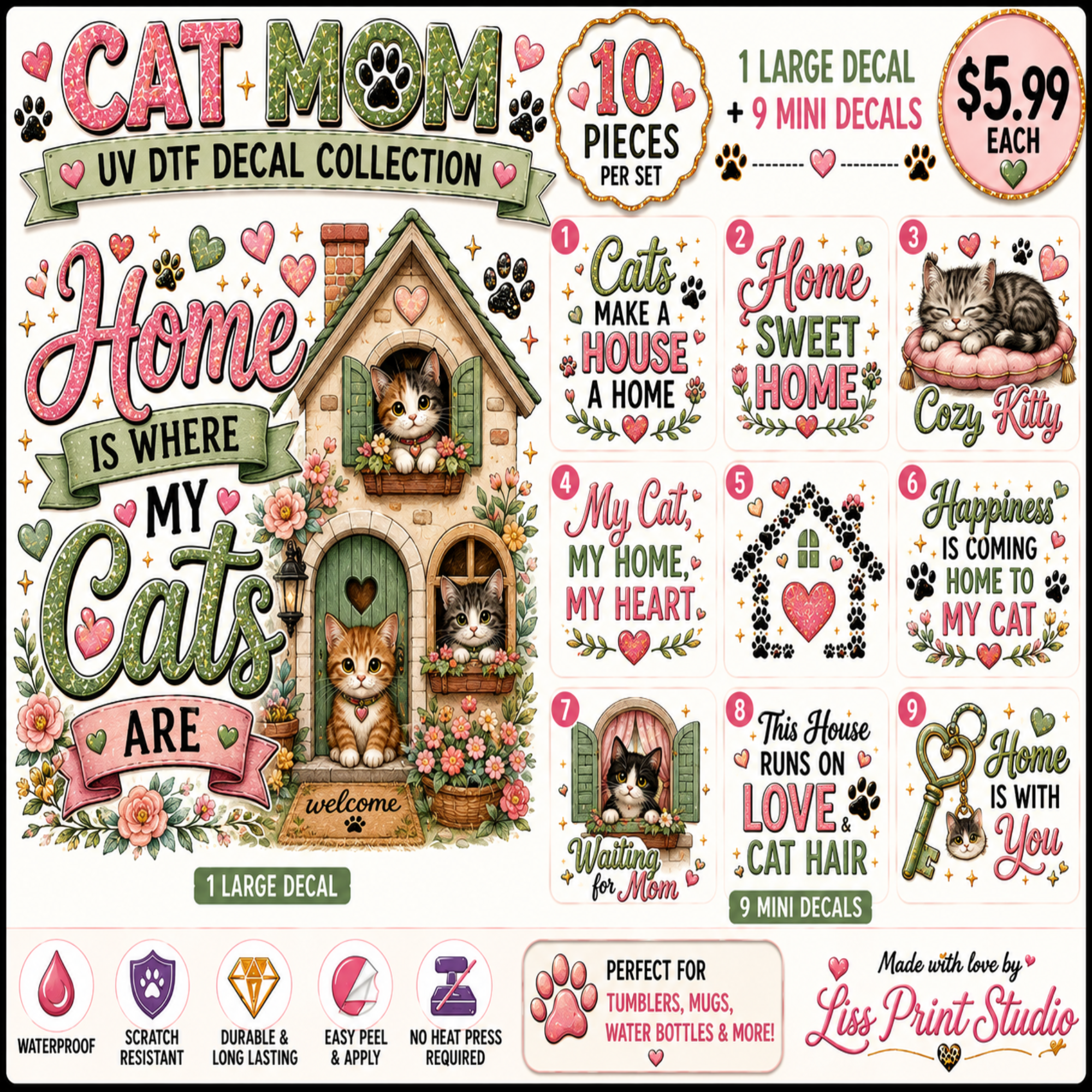 A collage-style product sheet showing a cat-themed DTF decal collection with multiple illustrated designs, paw prints, hearts, and text such as 'CAT MOM,' 'Home is where my cats are,' '10 pieces per set,' and 'Made with love by Lls Print Studio.' This is not a clean single-product studio shot and not a lifestyle scene; it functions as a digital preview sheet for the decals, so subject_type is Other.