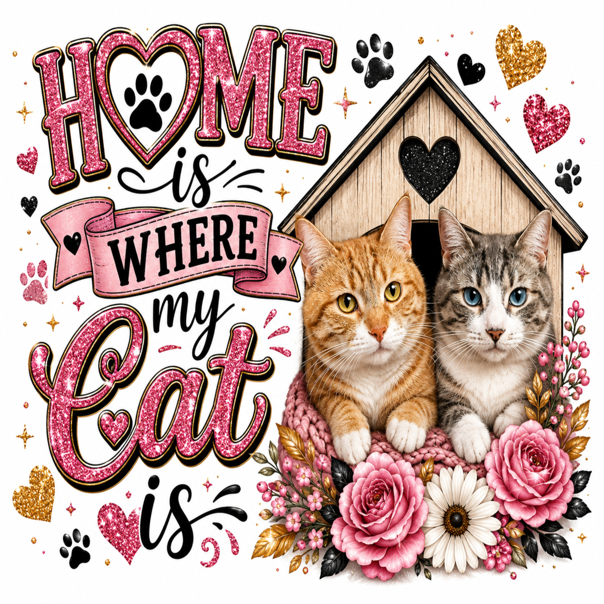 A decorative graphic with the phrase “Home is where my cat is” in pink glitter-style lettering, flanked by two cats, a birdhouse, flowers, paw prints, and hearts on a white background.