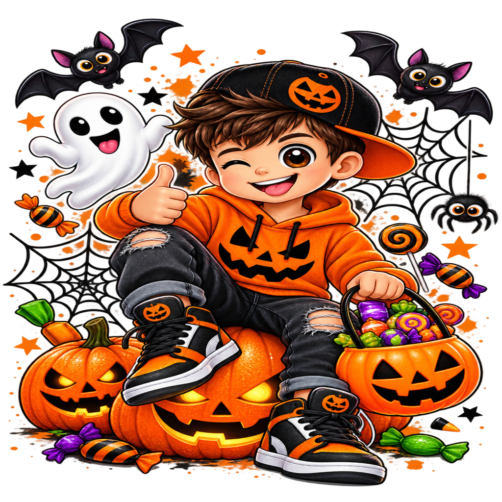 A cartoon-style child in a black cap with a pumpkin patch, orange hoodie, ripped jeans, and black-and-orange sneakers sits on jack-o'-lanterns and holds a candy bucket. The scene includes a ghost, bats, spiders, webbons, stars, and wrapped candies on a white background with orange Halloween decorations.