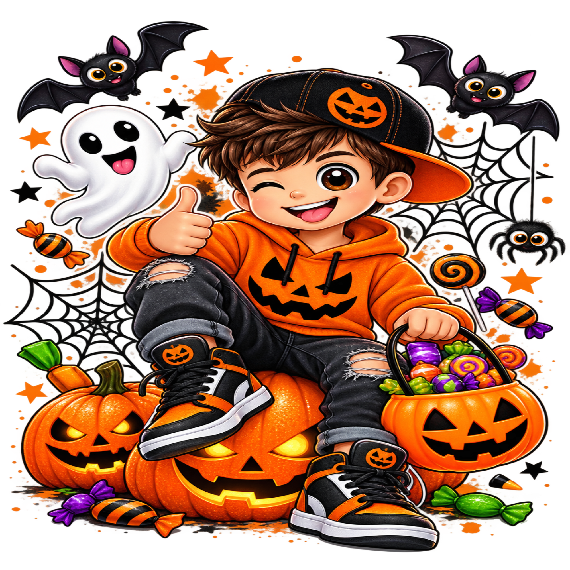 A cartoon-style child in a black cap with a pumpkin patch, orange hoodie, ripped jeans, and black-and-orange sneakers sits on jack-o'-lanterns and holds a candy bucket. The scene includes a ghost, bats, spiders, webbons, stars, and wrapped candies on a white background with orange Halloween decorations.