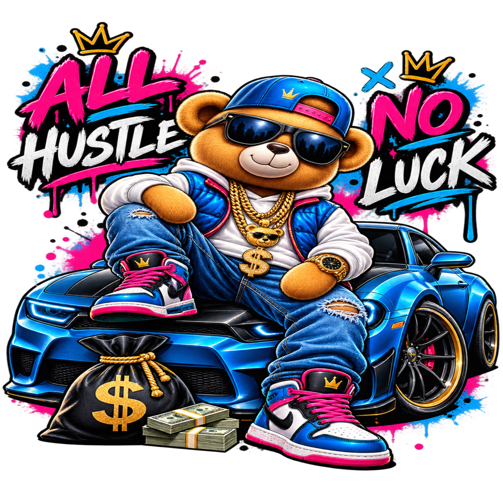 A stylized cartoon teddy bear wearing a blue cap, sunglasses, gold chains, ripped jeans, and pink-and-white sneakers, sitting on a blue sports car with a black money bag and stacks of cash in front. Large graffiti-style text reads 'ALL HUSTLE NO LUCK' with gold crowns on a black background.