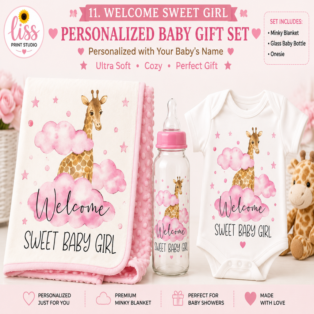 Personalized baby gift set featuring a pink and white minky blanket, a glass bottle, and a white onesie, all printed with a giraffe and pink clouds and the text 'Welcome Sweet Baby Girl'.