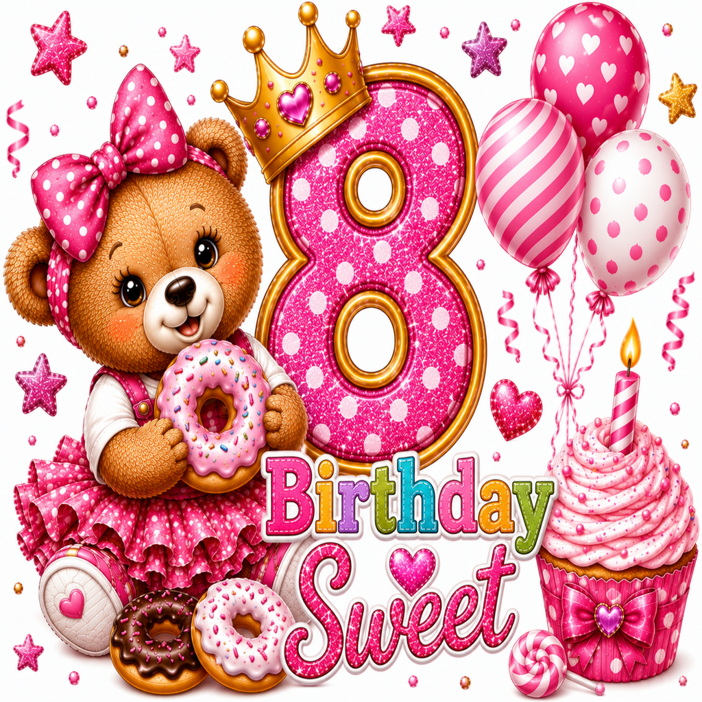Pink and white 8th birthday illustration featuring a teddy bear in a pink polka-dot dress holding a donut, a large glittery pink number 8 with a gold crown, balloons, a cupcake, donuts, stars, and the words 'Birthday Sweet' on a white background.