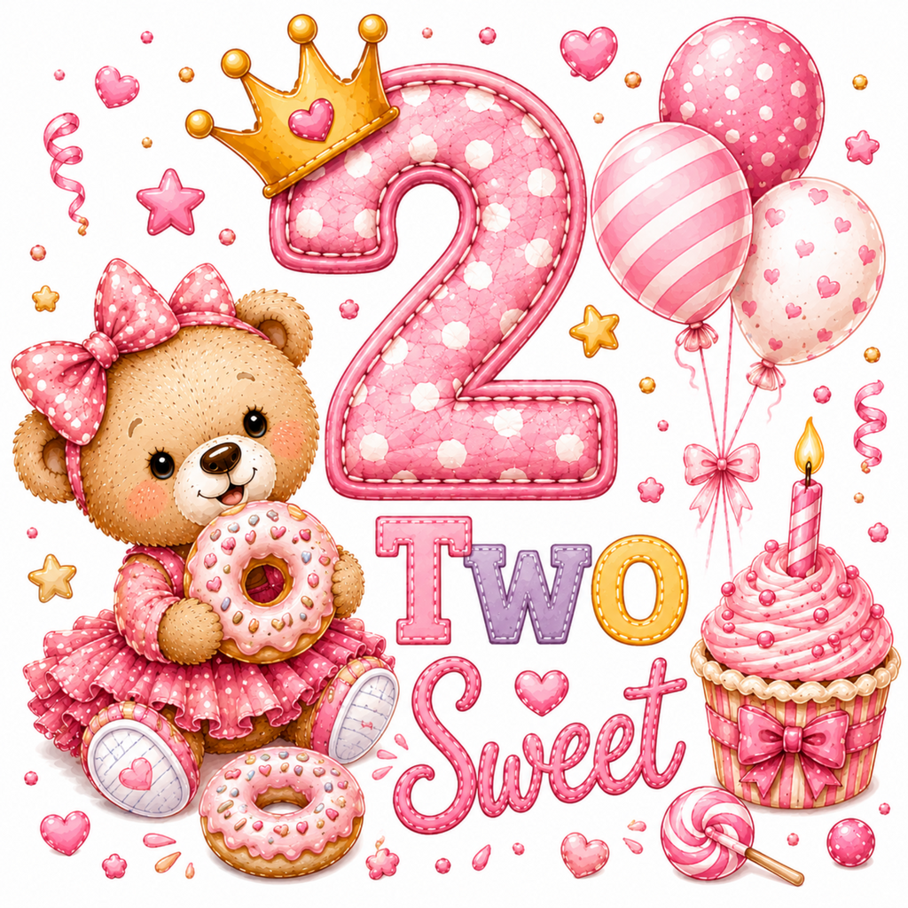 Pink and white second birthday illustration featuring a teddy bear in a pink dress holding a donut, a large stitched number 2 with a gold crown, balloons, a cupcake with a candle, candy hearts, stars, and the words 'Two Sweet' on a white background.
