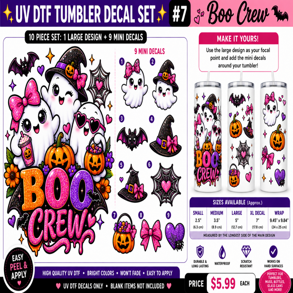 Promotional graphic for a Halloween UV DTF tumbler decal set featuring a large 'BOO CREW' design and nine mini decals. The design includes cartoon ghosts, witches, pumpkins, bats, and bows in bright colors on a black background, with text indicating a 10-piece set, 9 mini decals, and pricing.
