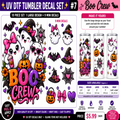 Promotional graphic for a Halloween UV DTF tumbler decal set featuring a large 'BOO CREW' design and nine mini decals. The design includes cartoon ghosts, witches, pumpkins, bats, and bows in bright colors on a black background, with text indicating a 10-piece set, 9 mini decals, and pricing.