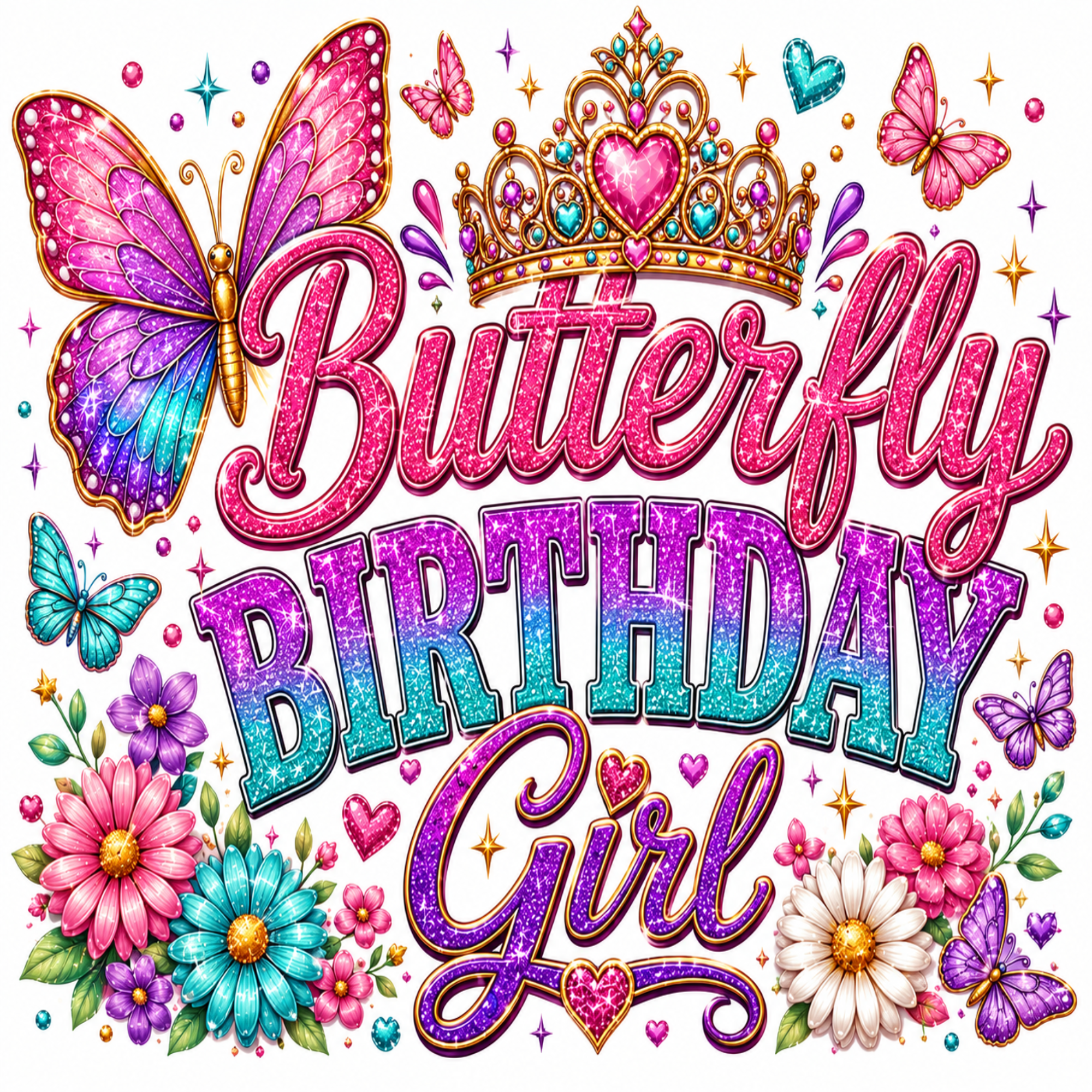 A colorful digital graphic reading 'Butterfly Birthday Girl' in glitter-style lettering, surrounded by butterflies, flowers, and a crown on a white background.