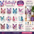 A promotional collage for a butterfly collection of 12 UV DTF transfer designs. The left side shows a grid of colorful butterfly illustrations with decorative quotes, while the right side shows a white tumbler with a purple butterfly design and text, plus marketing callouts for tumblers, mugs, glass cans, water bottles, and more.